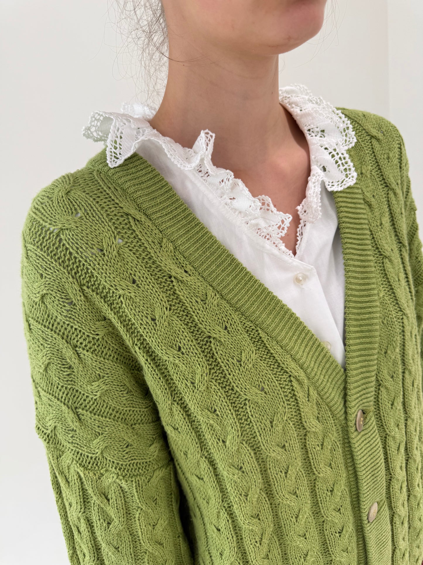 Cardigan verde crud tall din bumbac excepțional cu torsade