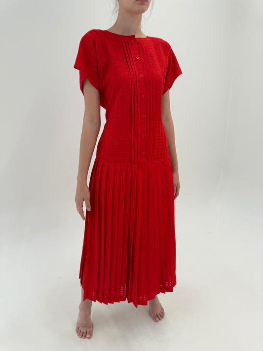 Rochie vintage maxi cherry red din pânză excepțională cu textură geometrică