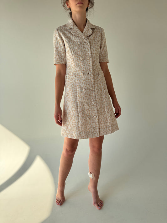 Rochie old vintage din brocart de sfârșit de ani 60 light nude și ivoire