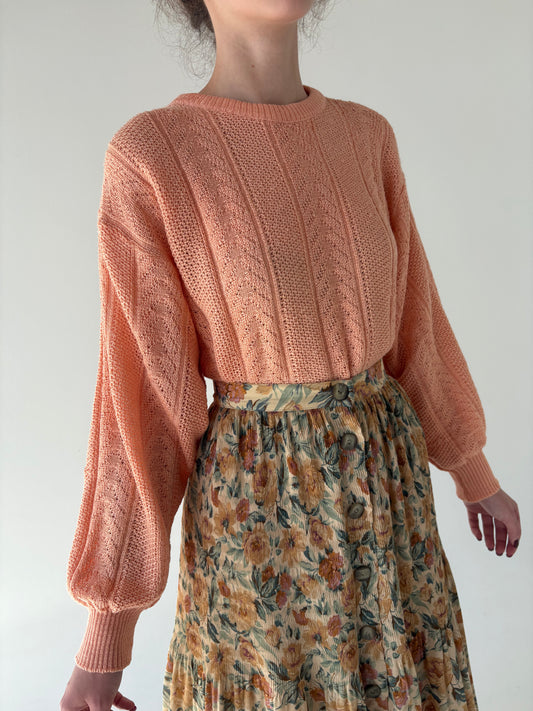 Bluză vintage din jerse salmon orange cu mâneci ample și manete înalte