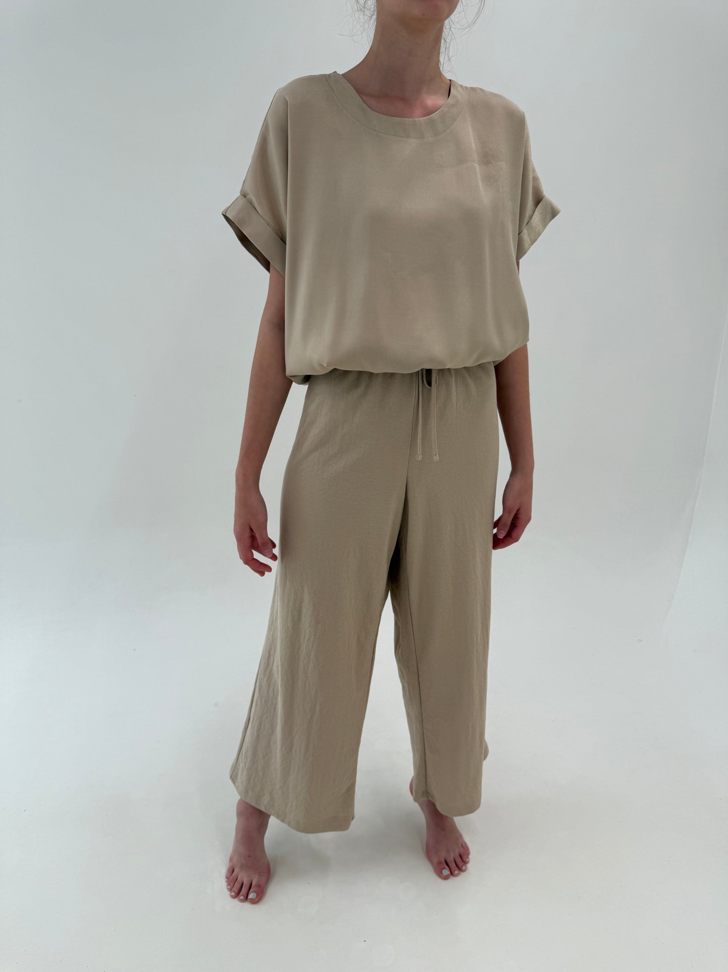 Pantaloni camel din panzica palazzo cu talie ultra înaltă reglabilă