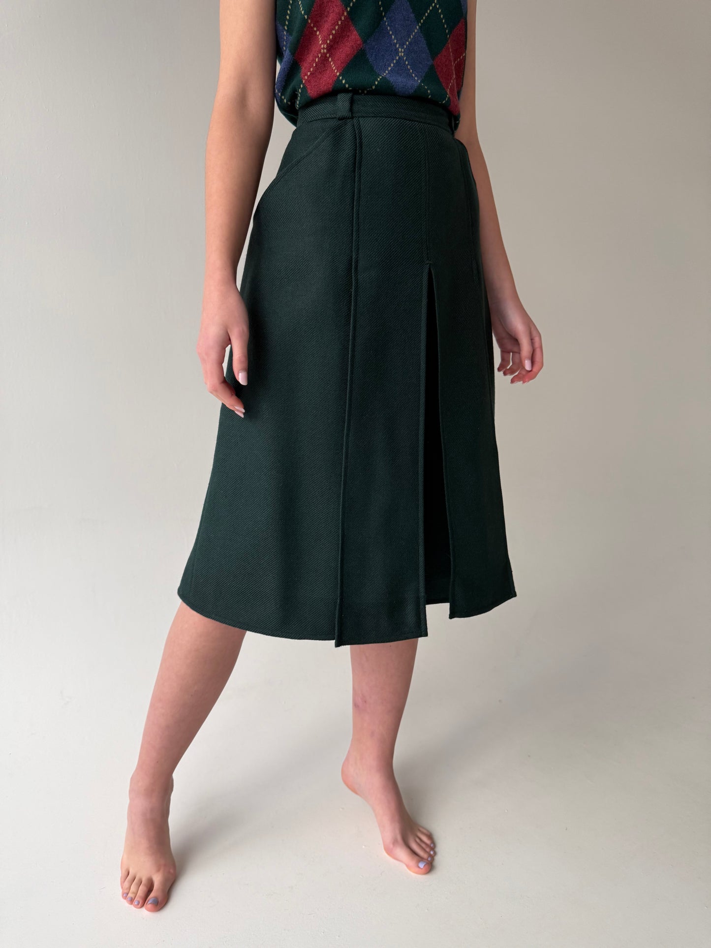 Fustă pantaloni dark green cu talie ultra înaltă din lana groasă extrafina