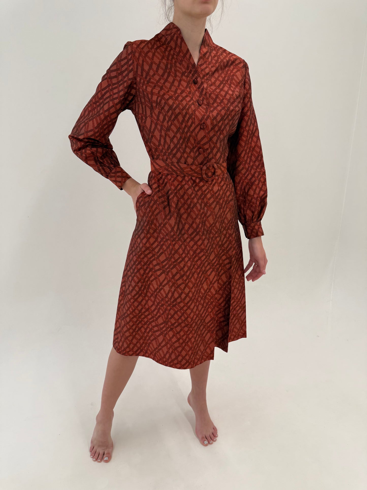 Rochie vintage din mătase naturală dupioni cu buzunare și curea proprie