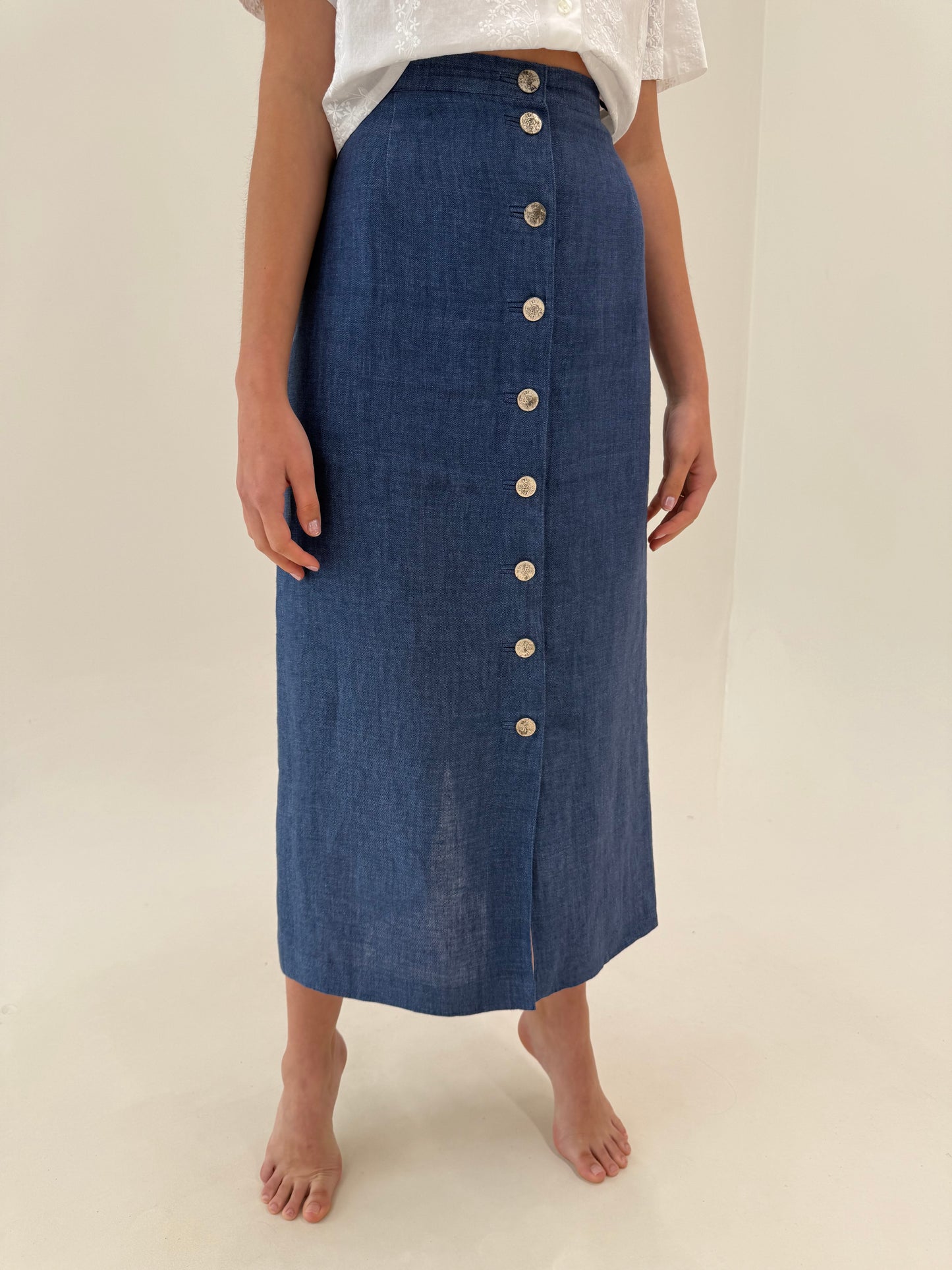 Set vintage jeans blue din pânză de in premium în croi atemporal