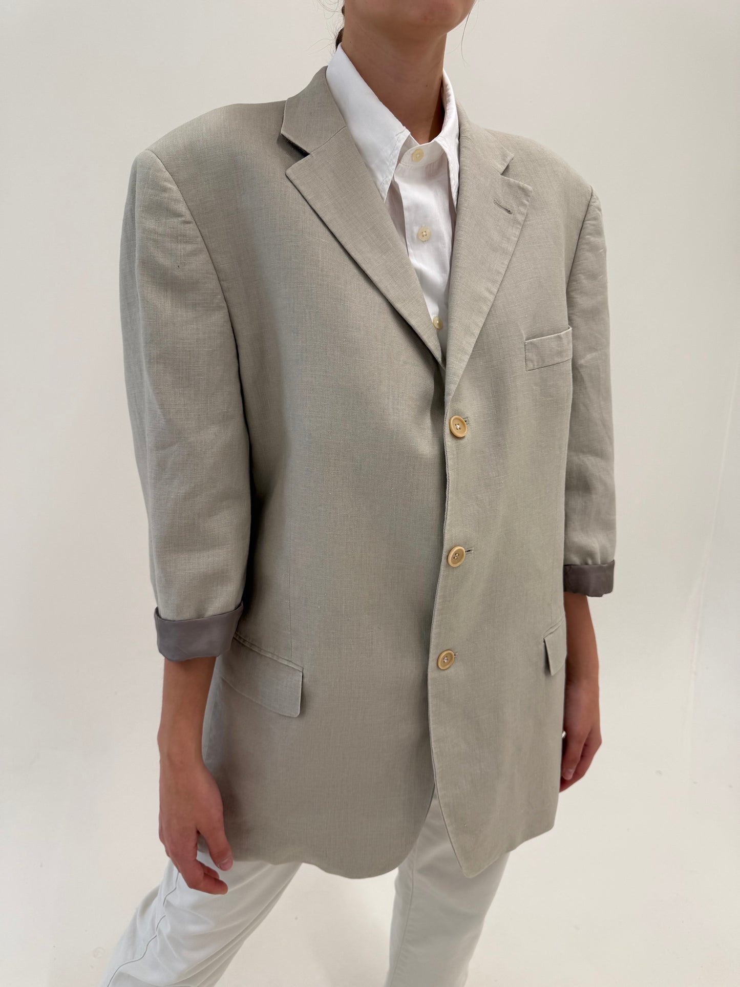 Sacou Balmain oversized cu mânecă scurtă warm gray din in în croi actual
