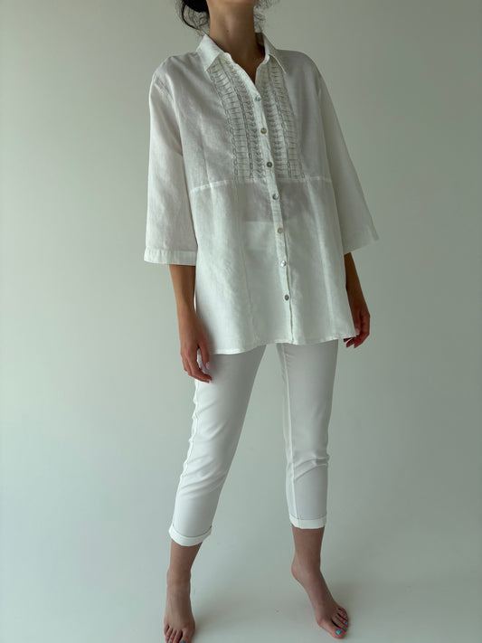 Pantaloni petite din poplin de bumbac ușor satinat texturat cu dungi