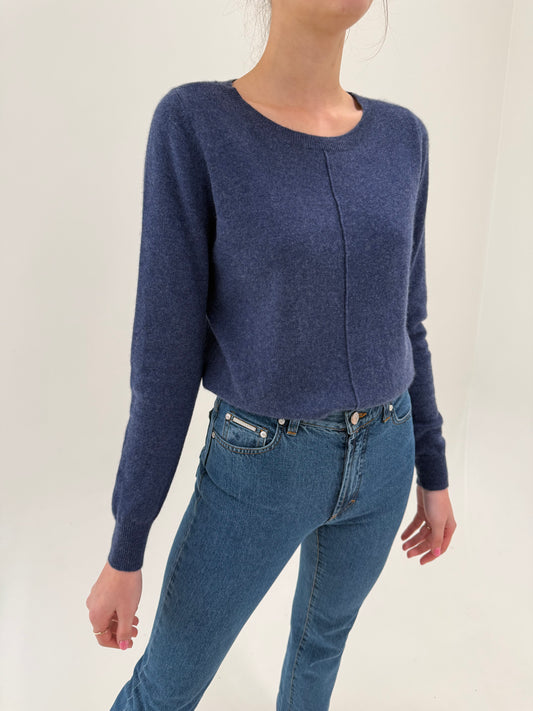 Pulover jeans blue cu influențe casual din cașmir și manșete înalte