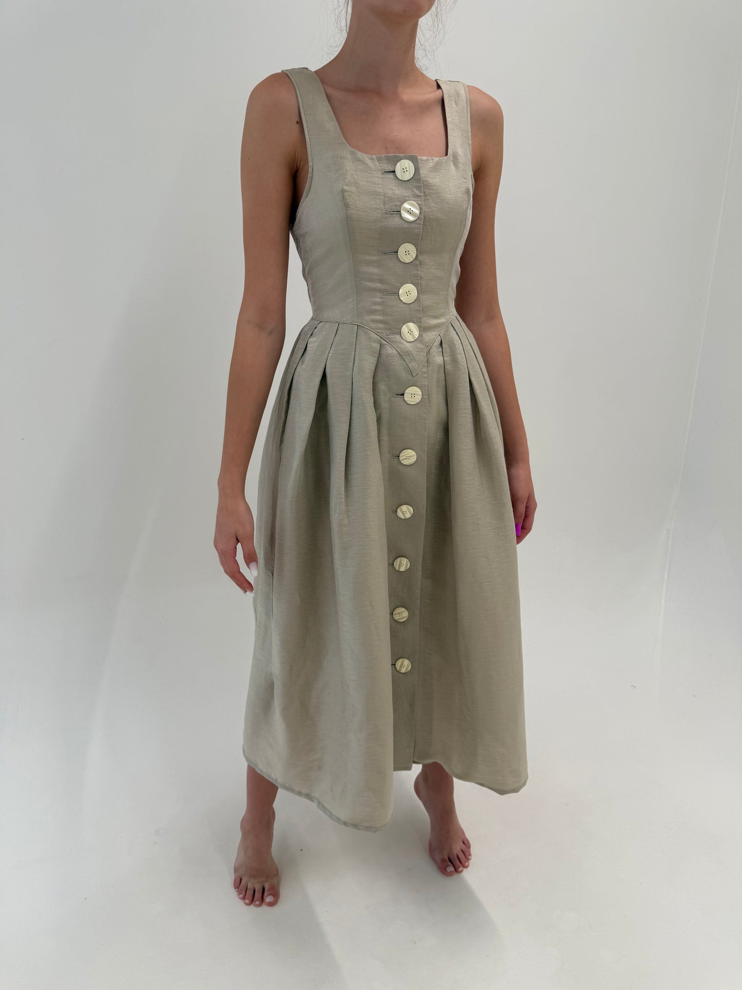 Rochie vintage maxi ‘couture’ din pânză perlata de în cu corsaj de la zi la seară