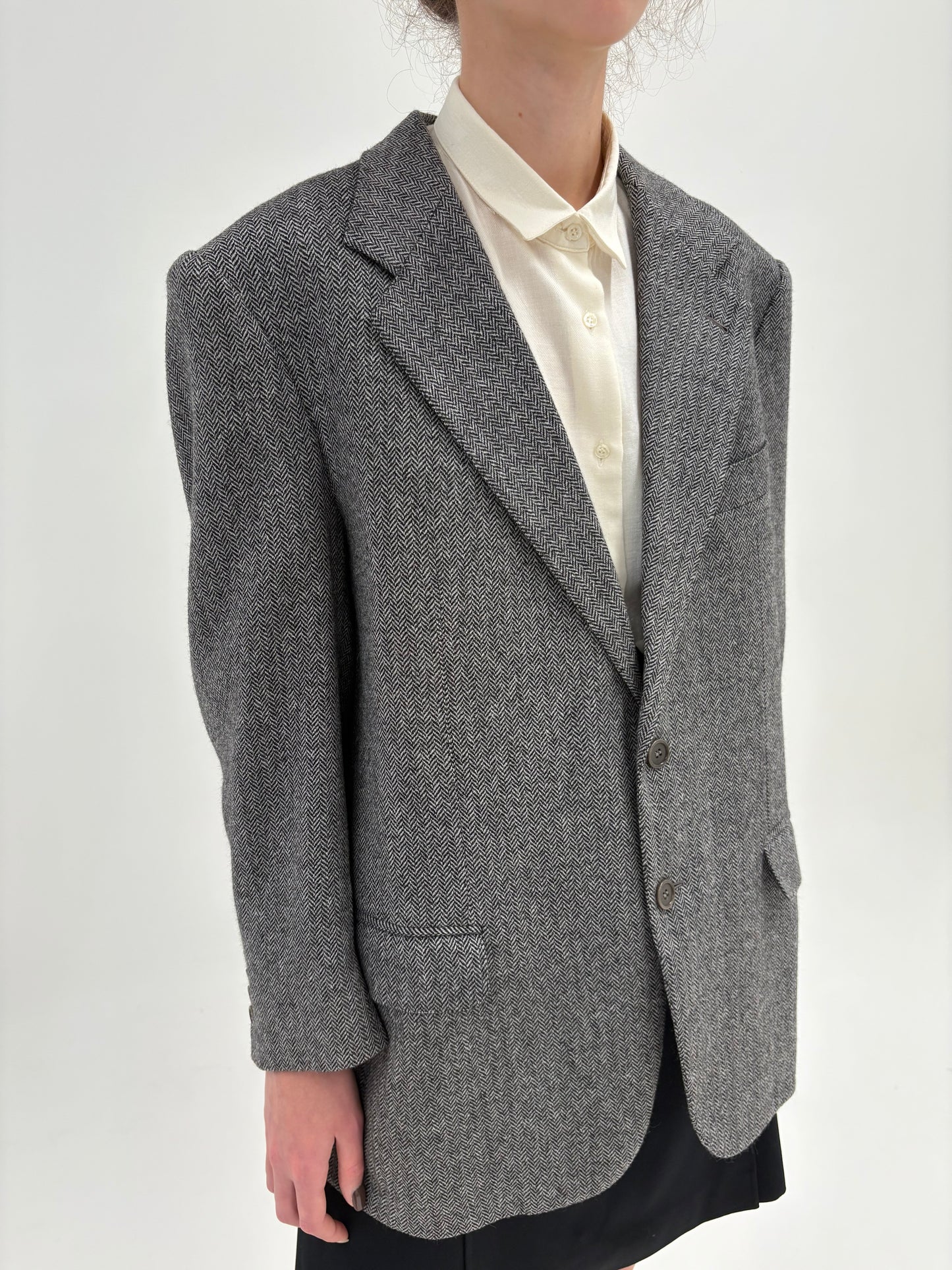 Sacou couture din stofă de lana și cașmir Chevron alb cu negru