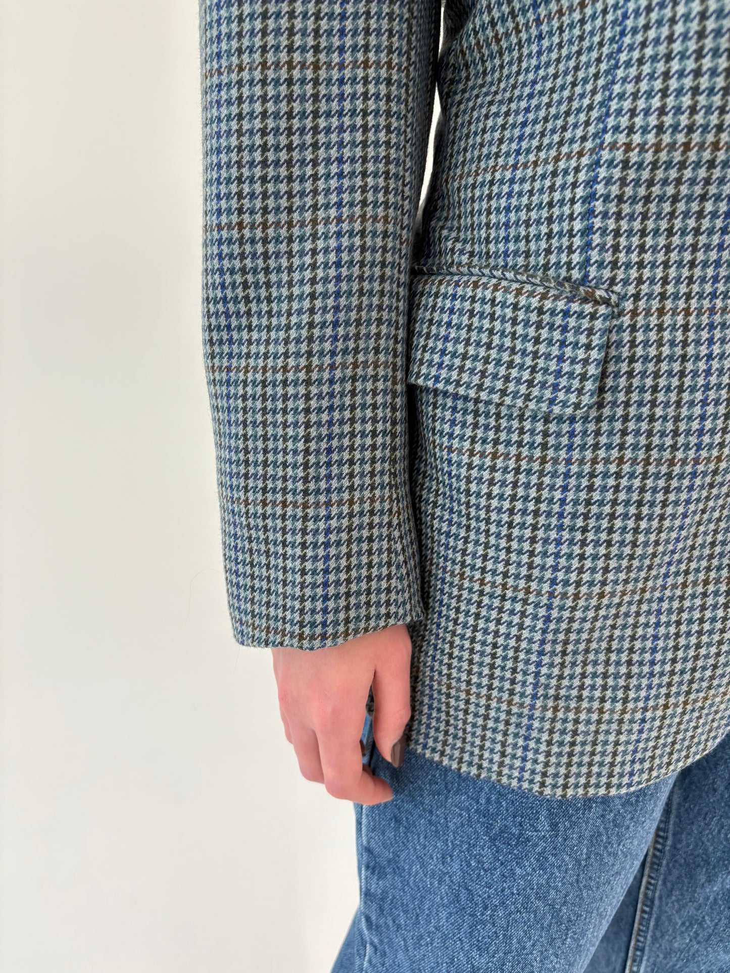 Sacou în carouri pied de coq Jeans blue din tweed moale de lana certificată