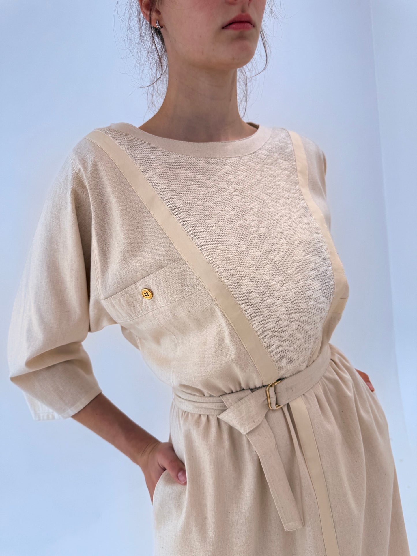 Rochie vintage din pânză de mătase naturală cu bumbac în croi retro modern