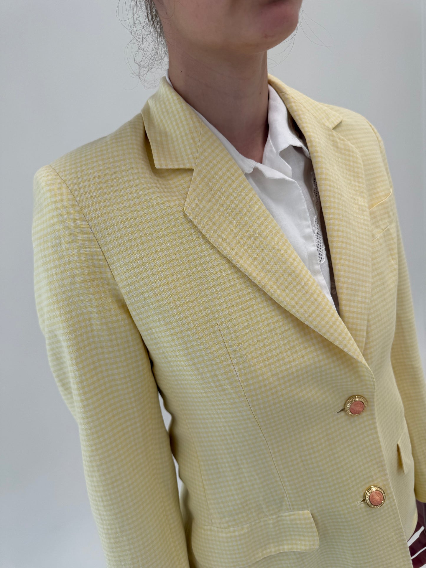 Sacou gingham butter yellow cu nasturi aurii din pânza moale de in și vascoza