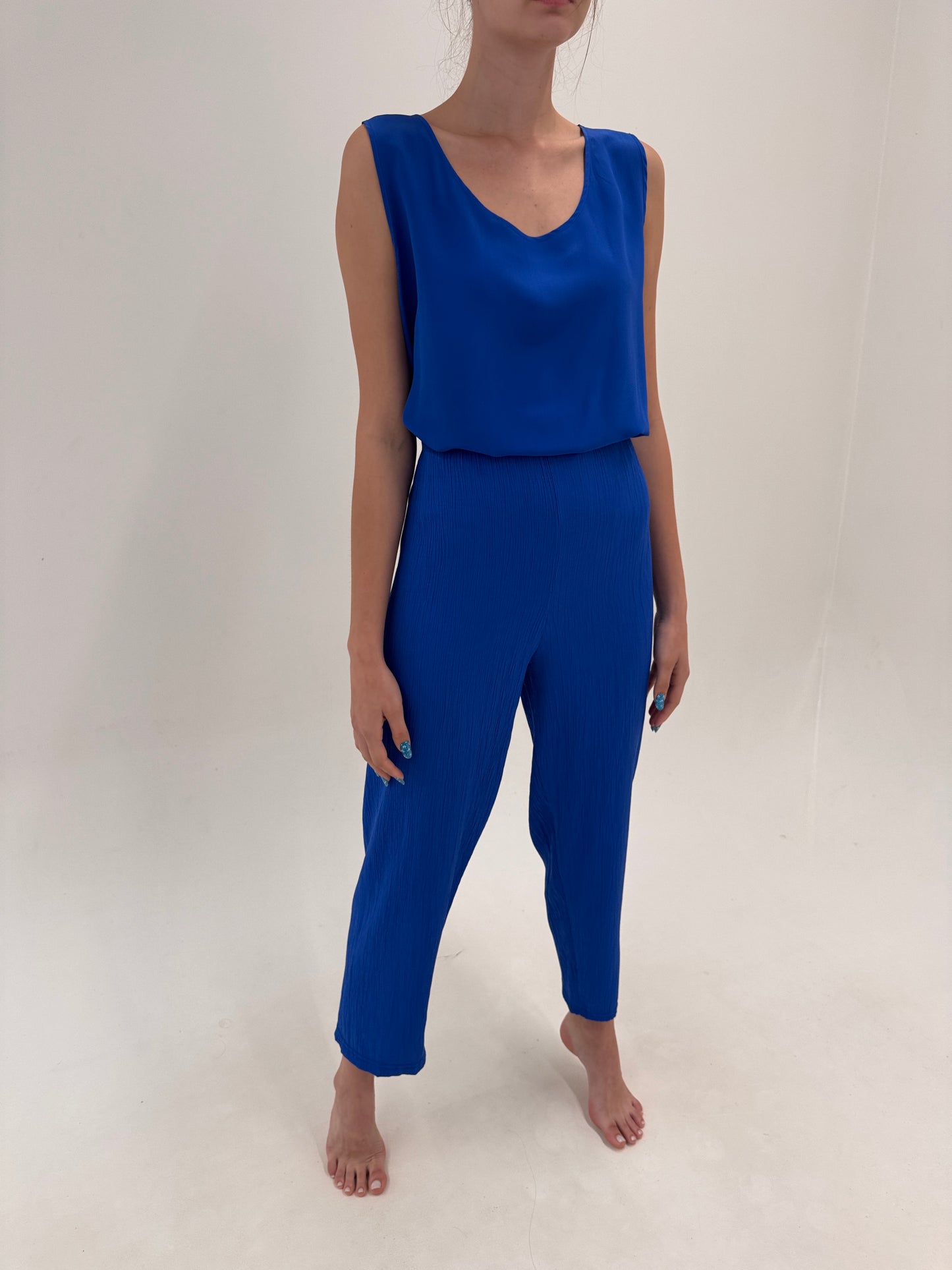 Pantaloni albastru regal super vaporoși cu talie ultra înaltă elastică generoasă