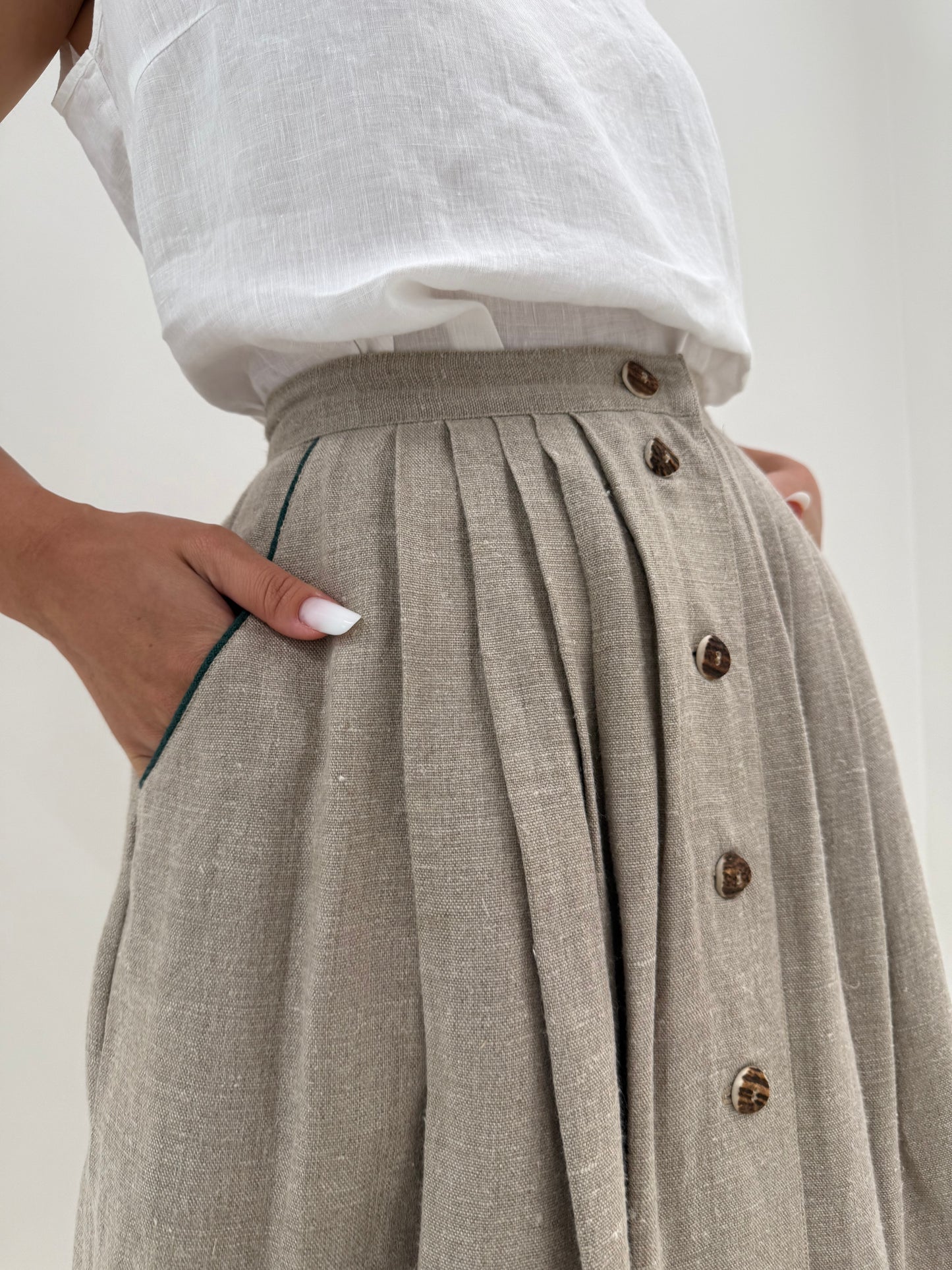 Fusta vintage maxi din pânză grea de in sand nude cu buzunare