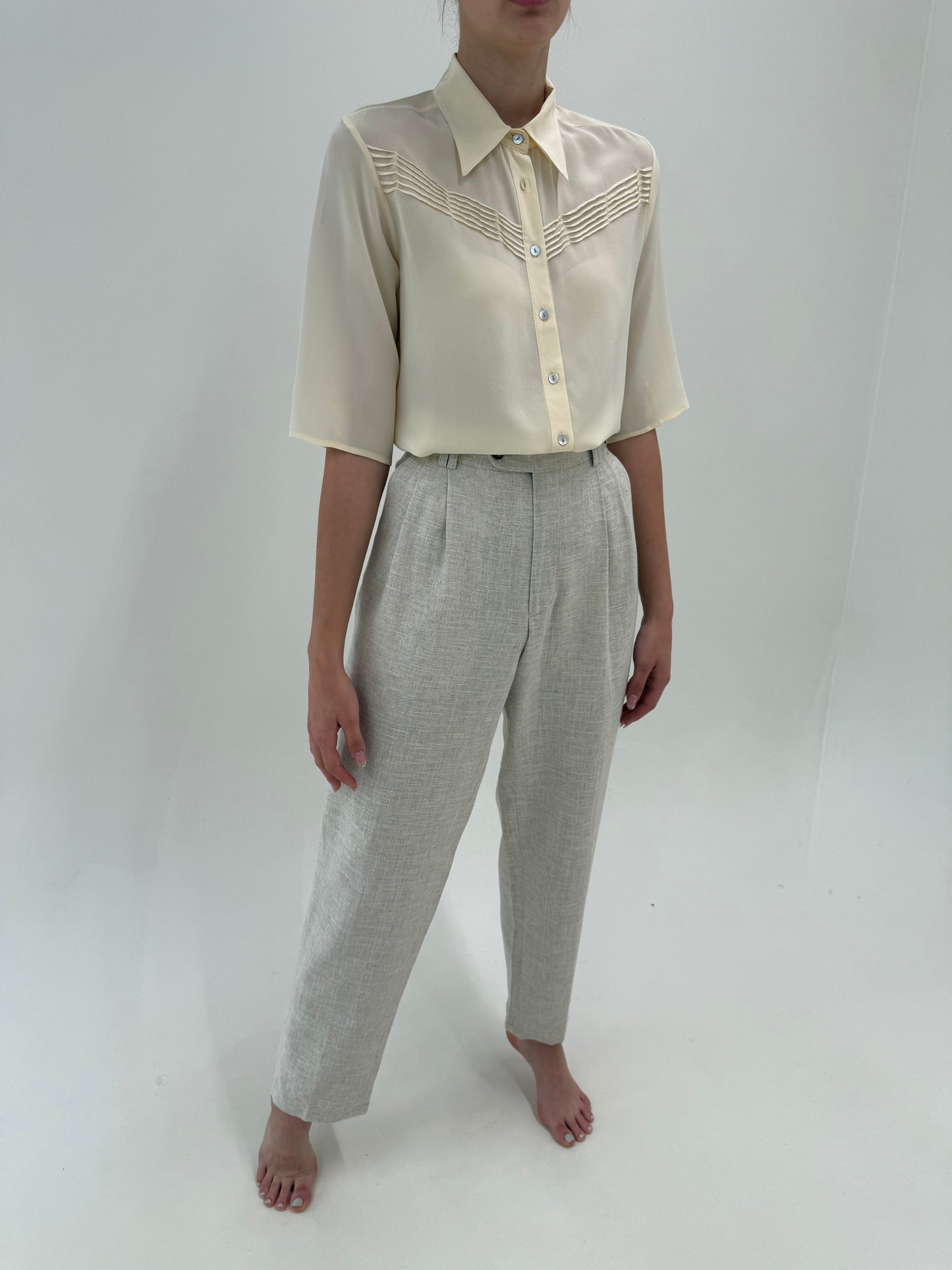 Pantaloni tall din pânză excepțională de in și modal sand nude