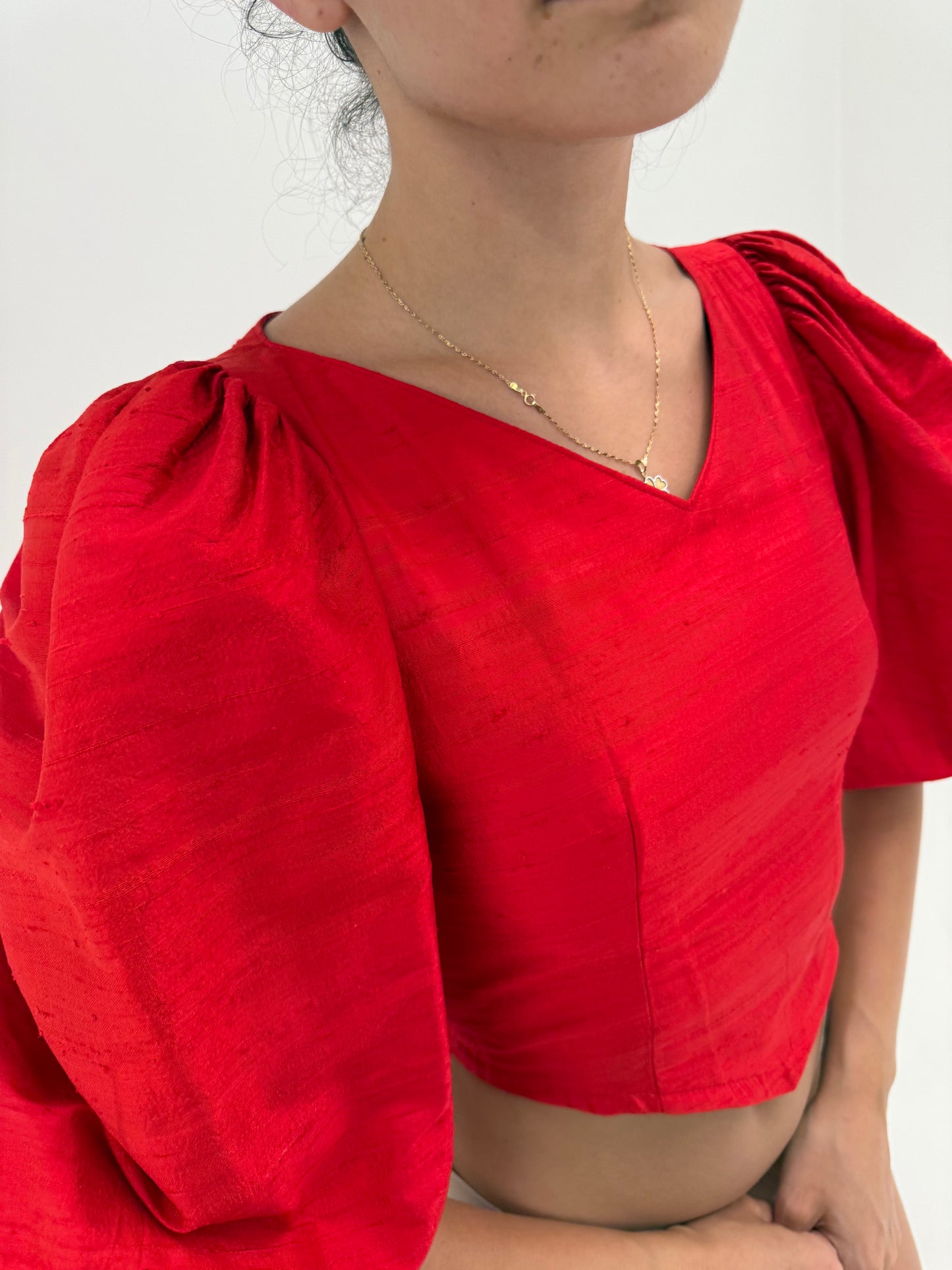 Corset vintage cu mâneci bufante ample din mătase naturală dupioni