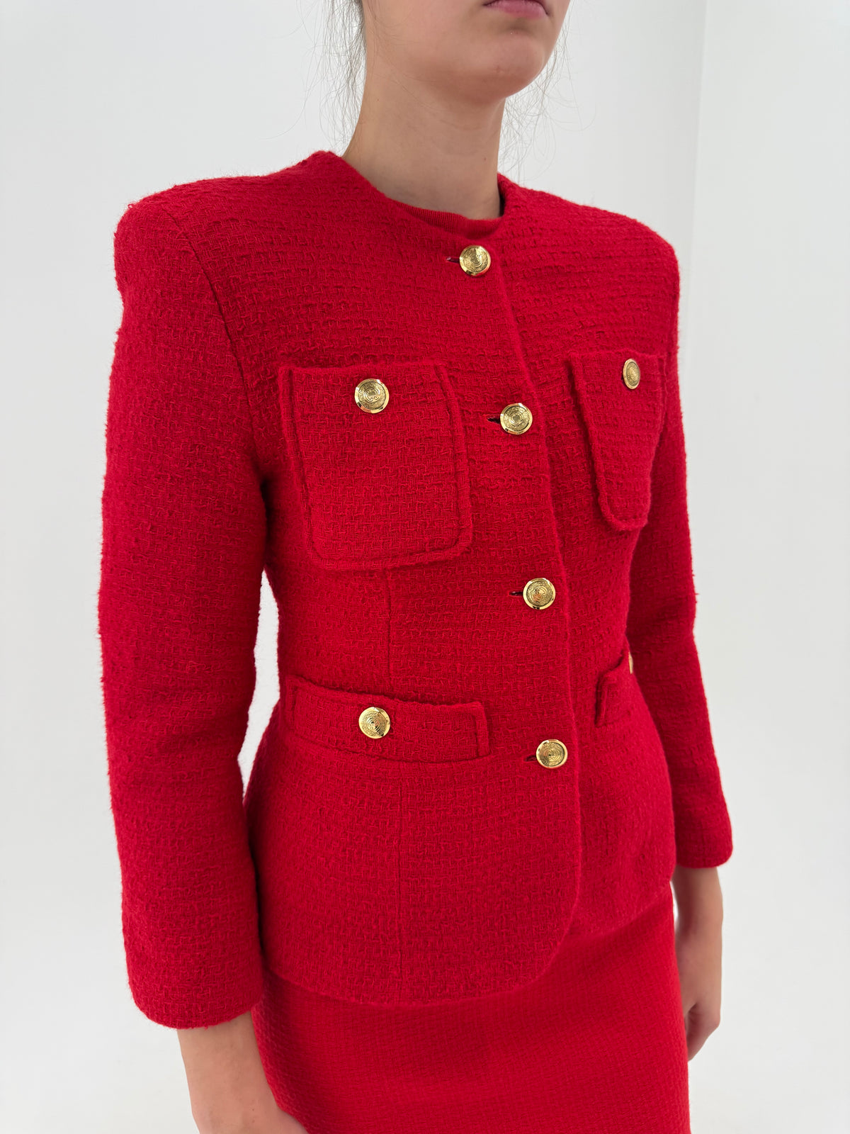 Sacou vintage în stil Chanel cherry red petite din tweed excepțional de lana