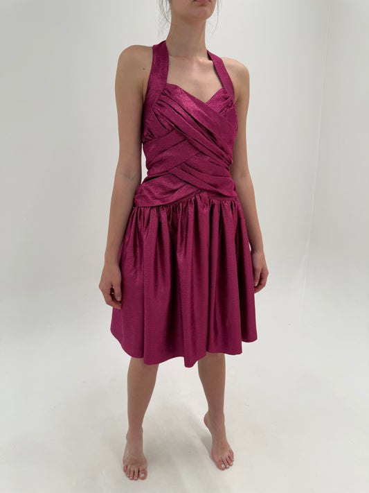 Rochie vintage halerneck cu corsaj dark fucsia în croi super elaborat