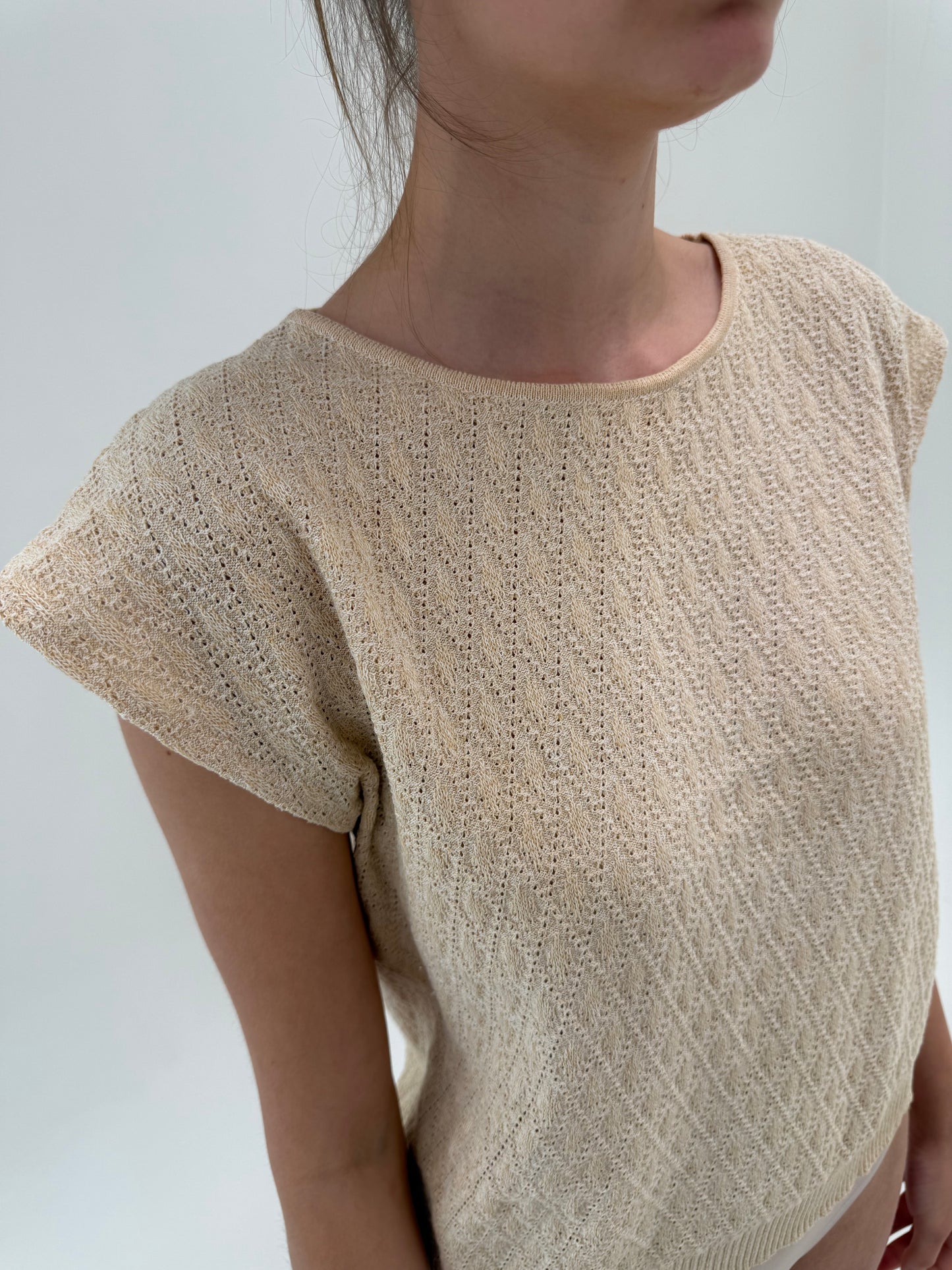 Top camel im croi lejer din jerse de bumbac texturat de vară