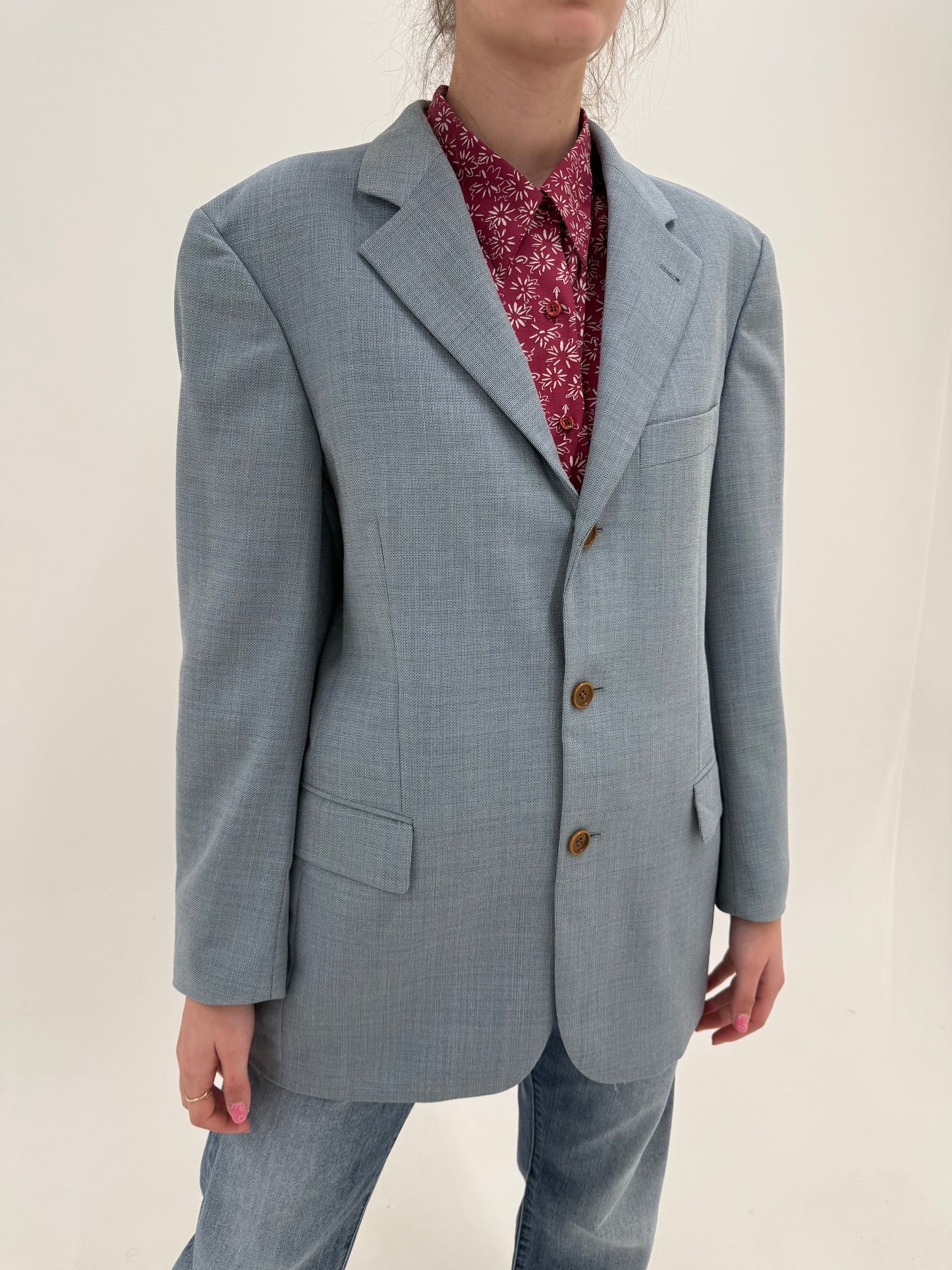 Sacou Hugo Boss baby blue din stofita de lana extrafina în croi actual