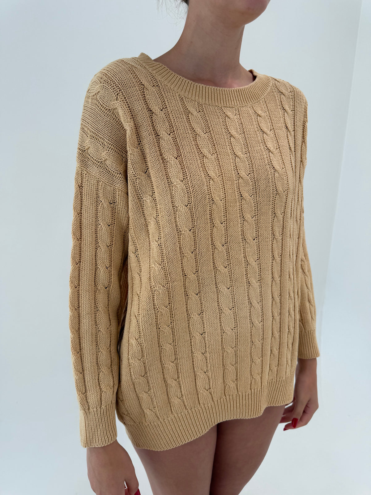 Pulover camel italian din bumbac mercerizat cu torsade de gramaj mare