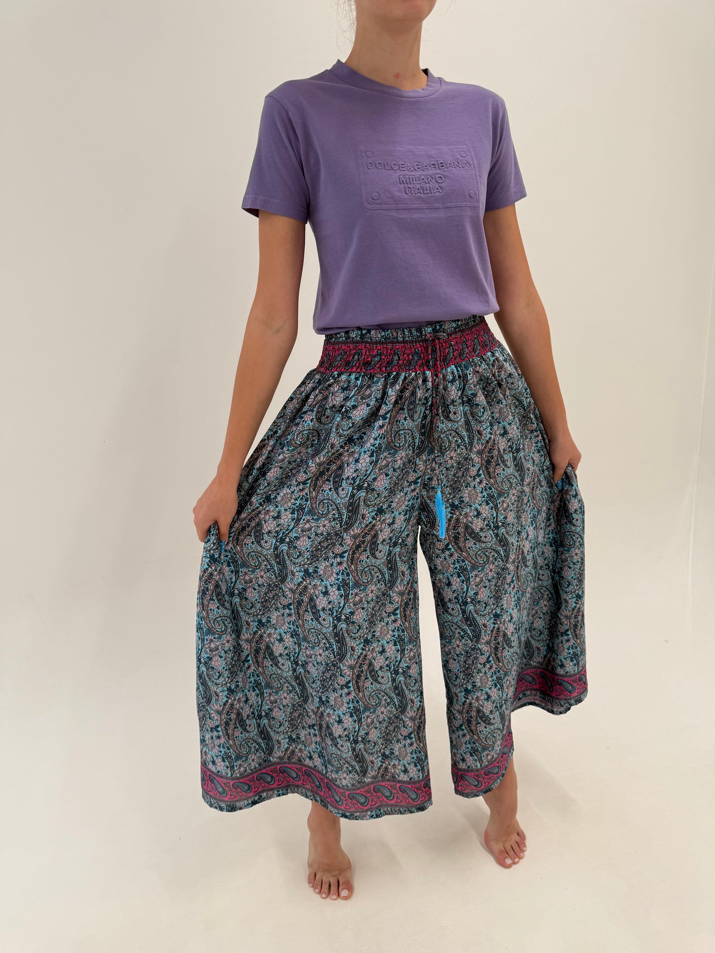 Pantaloni palazzo boho din mătase naturală cu talie ultra marcată elastică