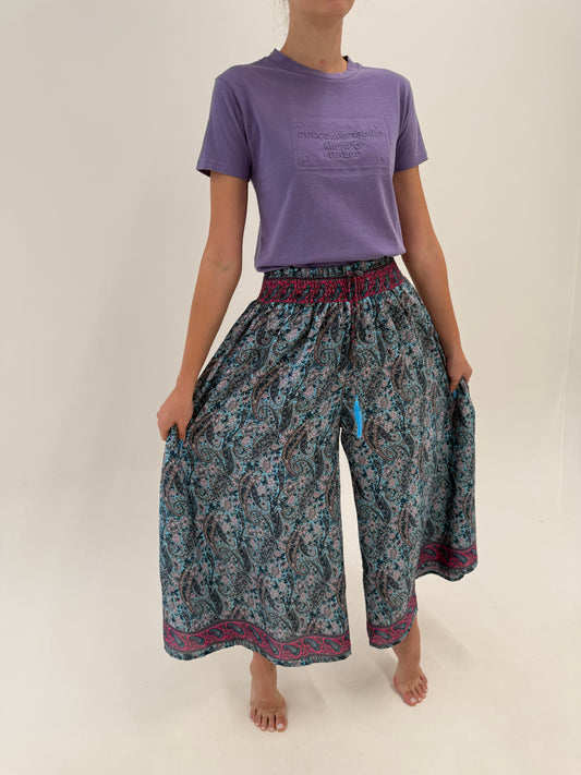 Pantaloni palazzo boho din mătase naturală cu talie ultra marcată elastică