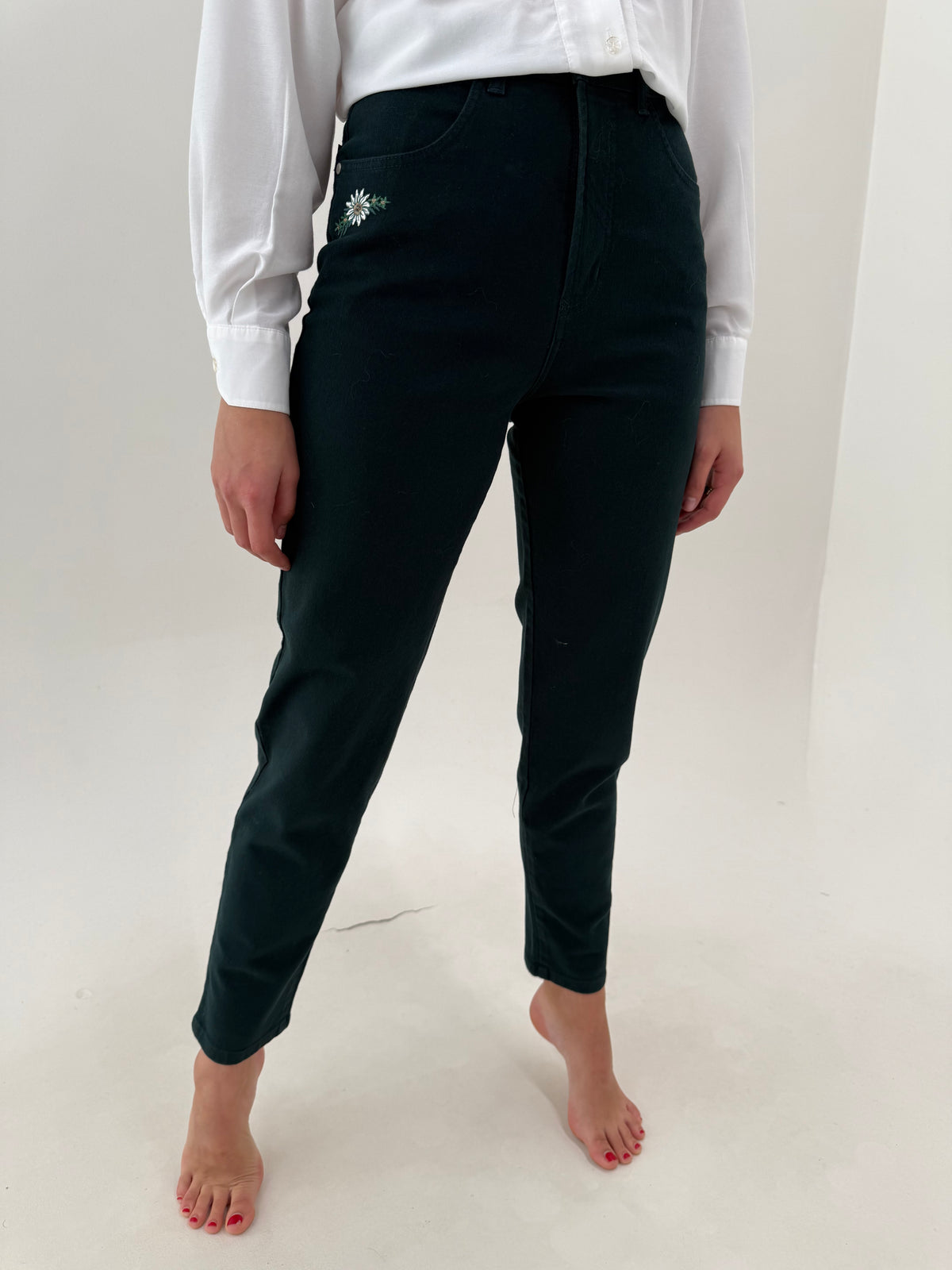 Jeans vintage dark green din bumbac gros excepțional modelator mom fit