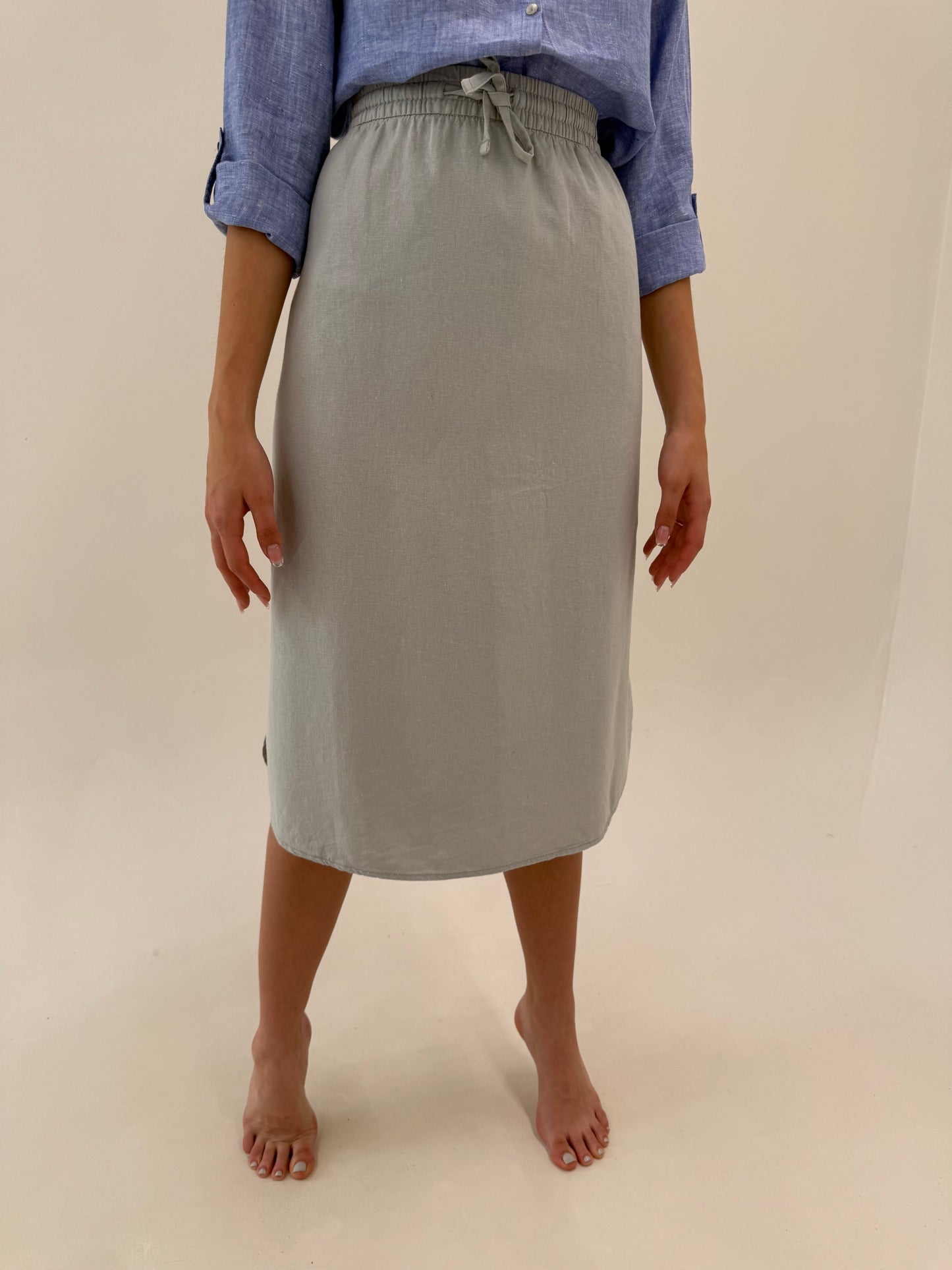 Fustă midi cu influențe casual din pânză de in cu vascoza silver gray