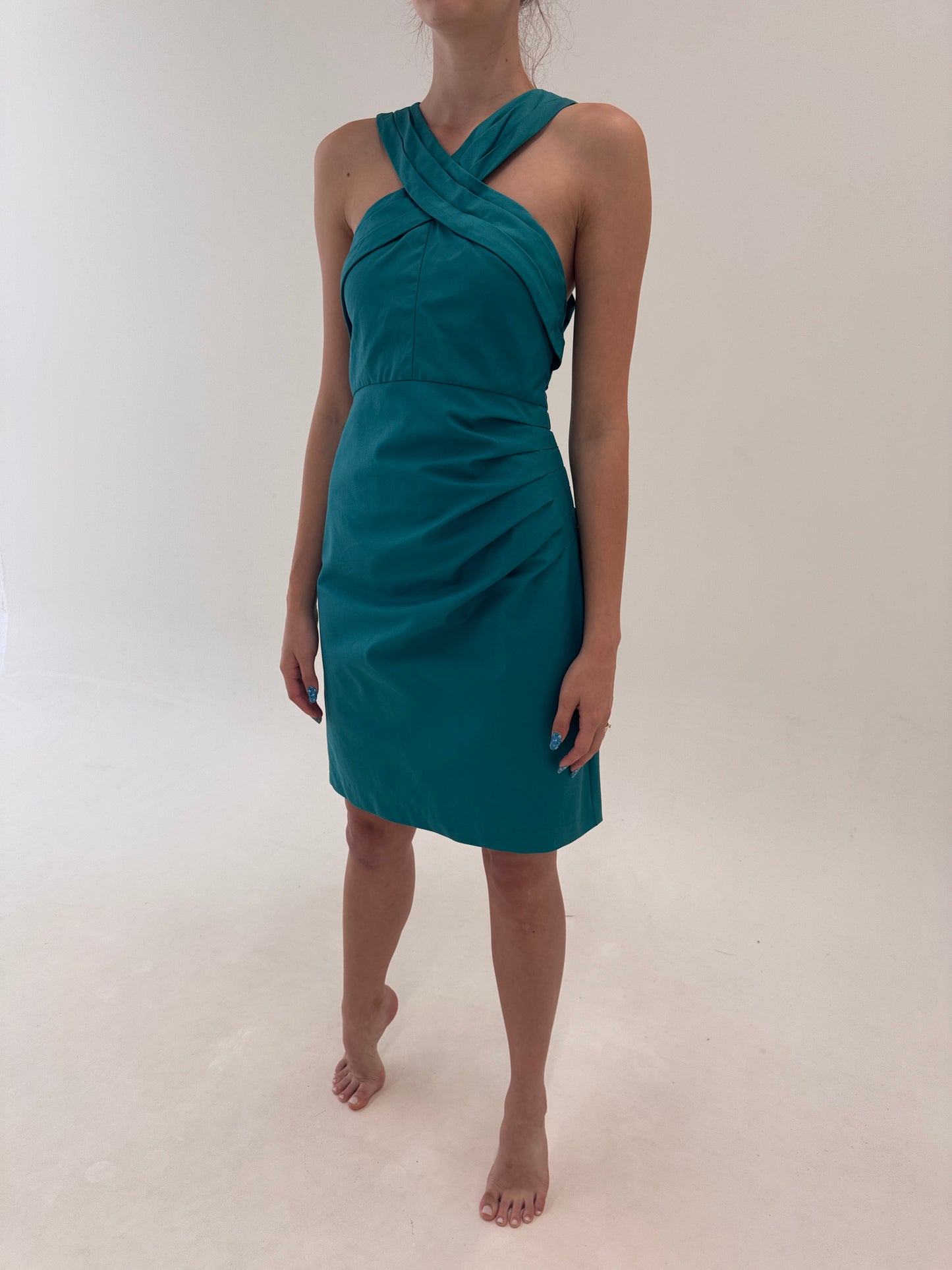 Rochie aqua green din faille de bumbac cu talie fronsata și corsaj