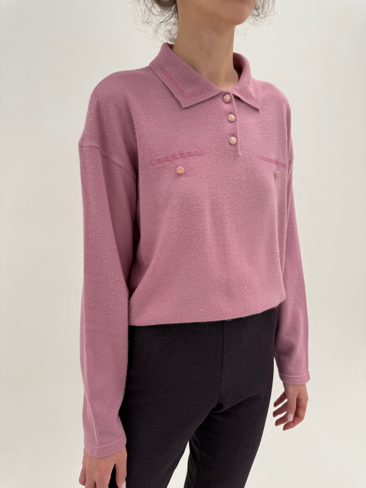 Pulover vintage polo dusty pink petite din lana merino extrafina în croi lejer