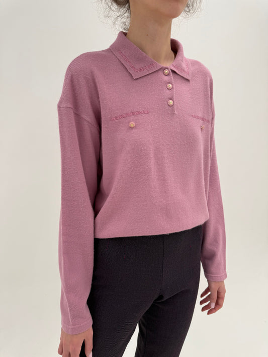 Pulover vintage polo dusty pink petite din lana merino extrafina în croi lejer