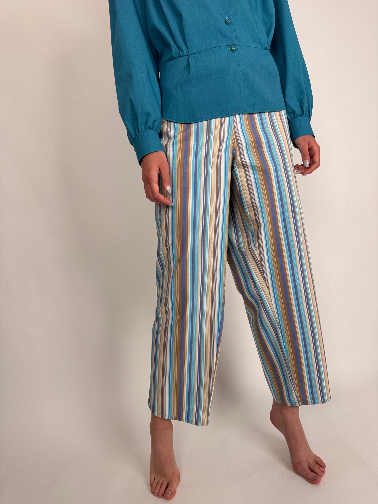 Pantaloni plus size de vară cu dungi din canvas de bumbac