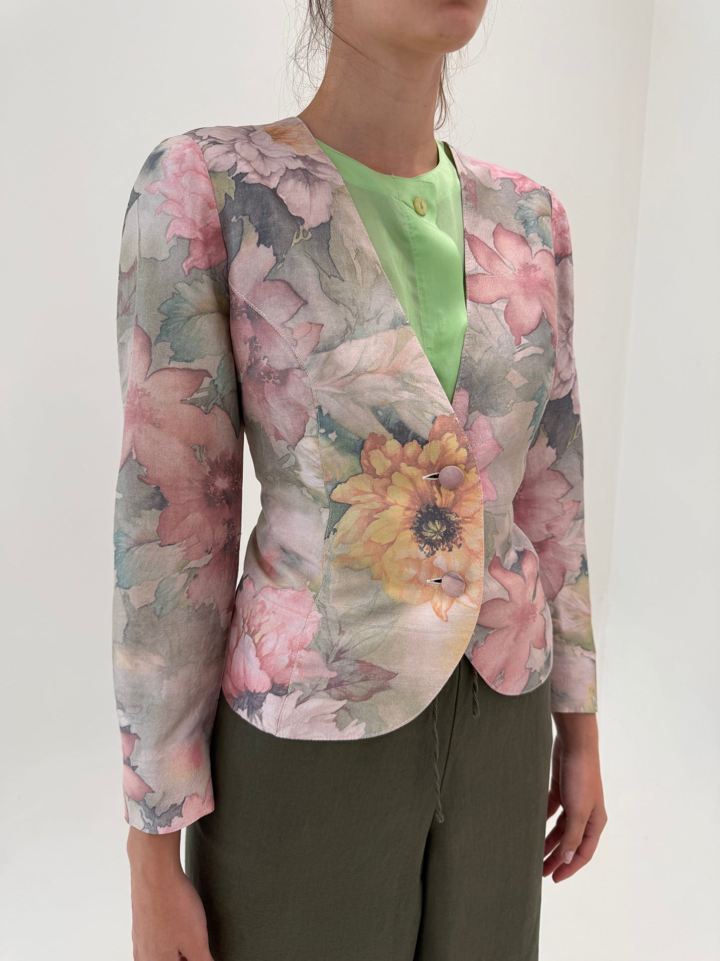 Sacou vintage din mătase naturală cu print floral superb în culori pudrate