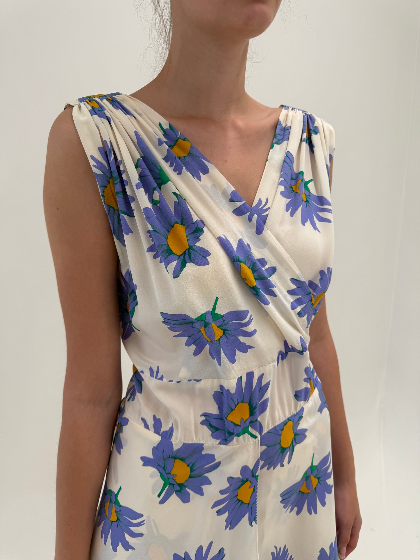 Rochie vintage din mătase naturală butter white cu print floral superb