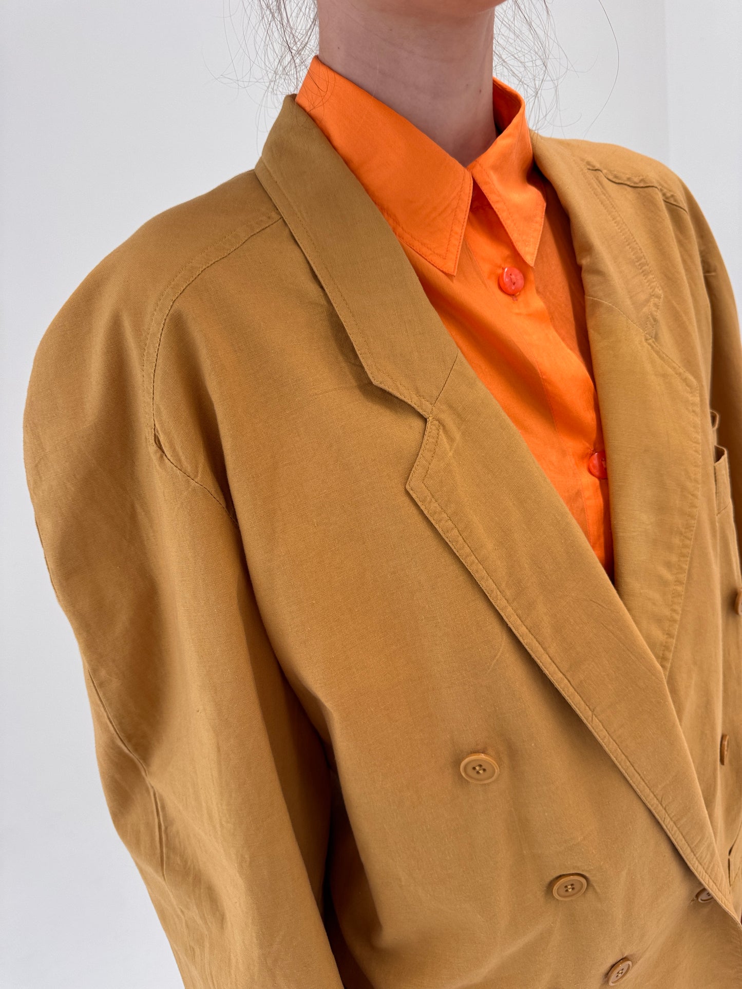 Costum camel vintage din canvas moale de bumbac cu pantaloni palazzo