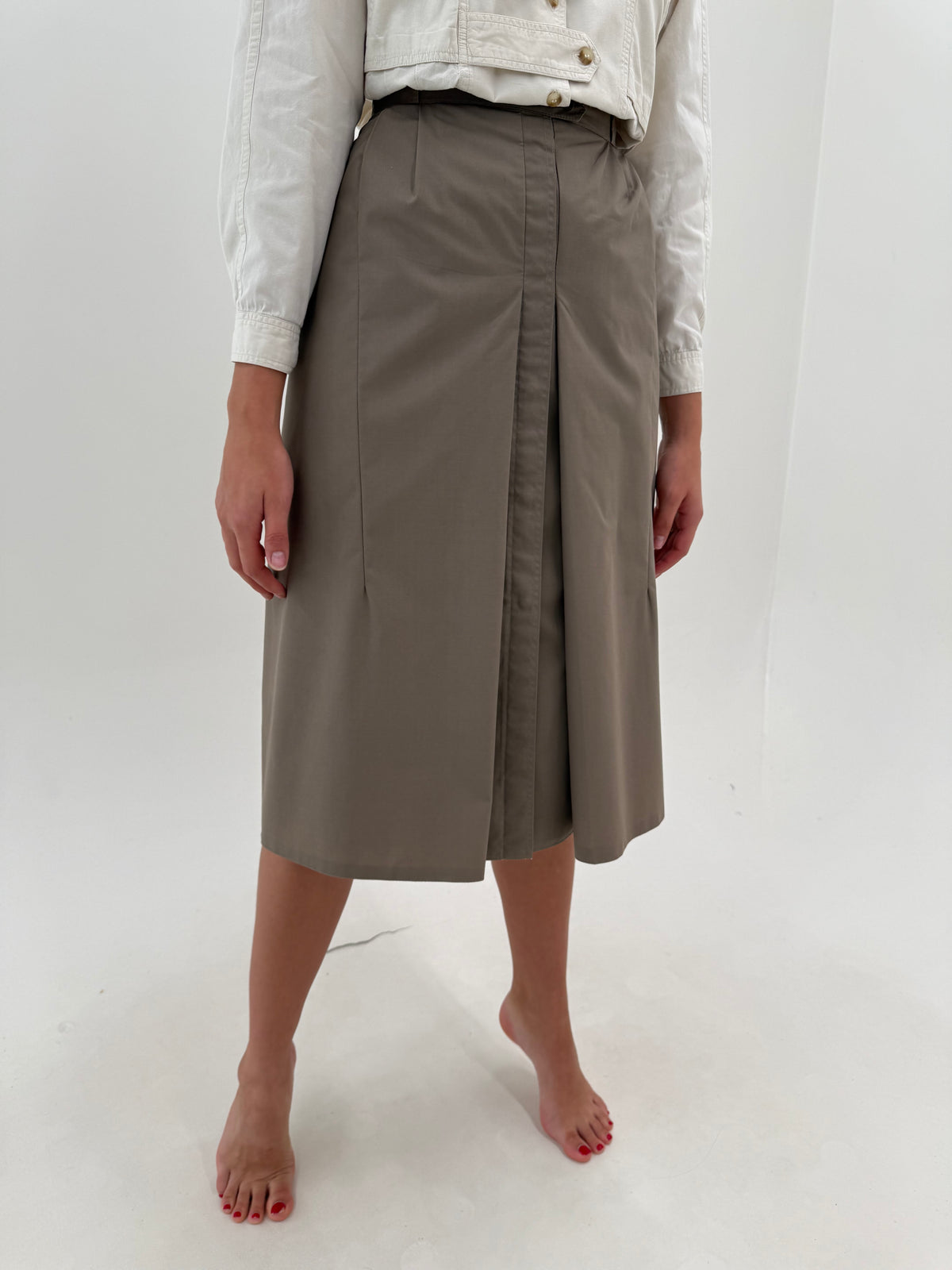 Set vintage warm gray din gabardină în croi retro modern cu Bomber și fustă midi