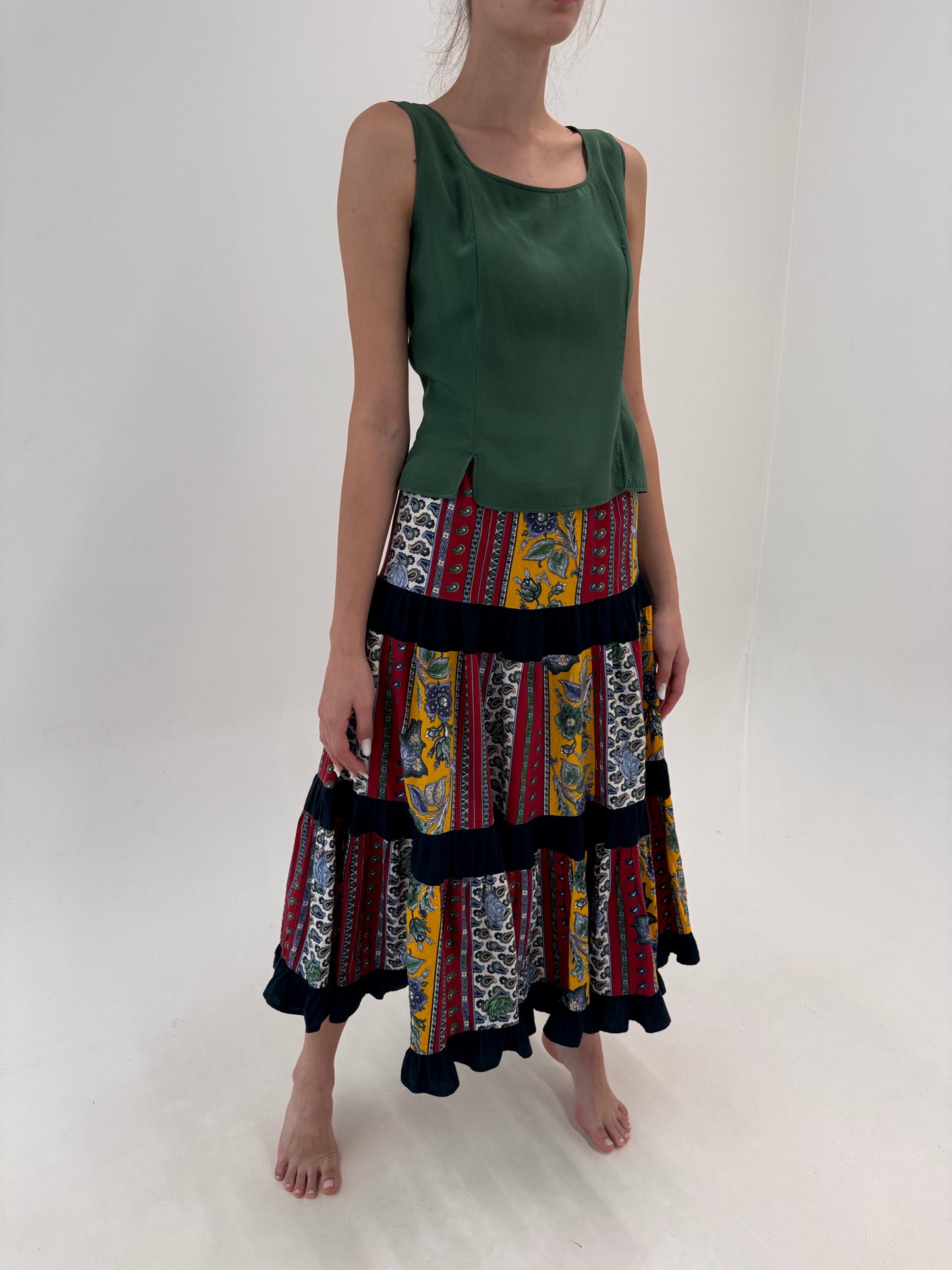 Fustă italiană maxi ultra amplă în croi elaborat patchwork fin pânză de bumbac