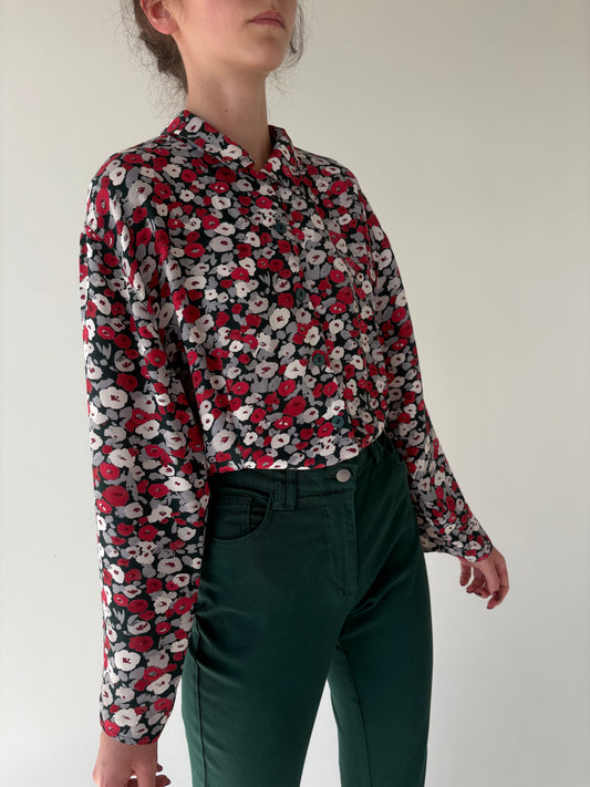 Cămașa vinatge cu print floral pe forest green