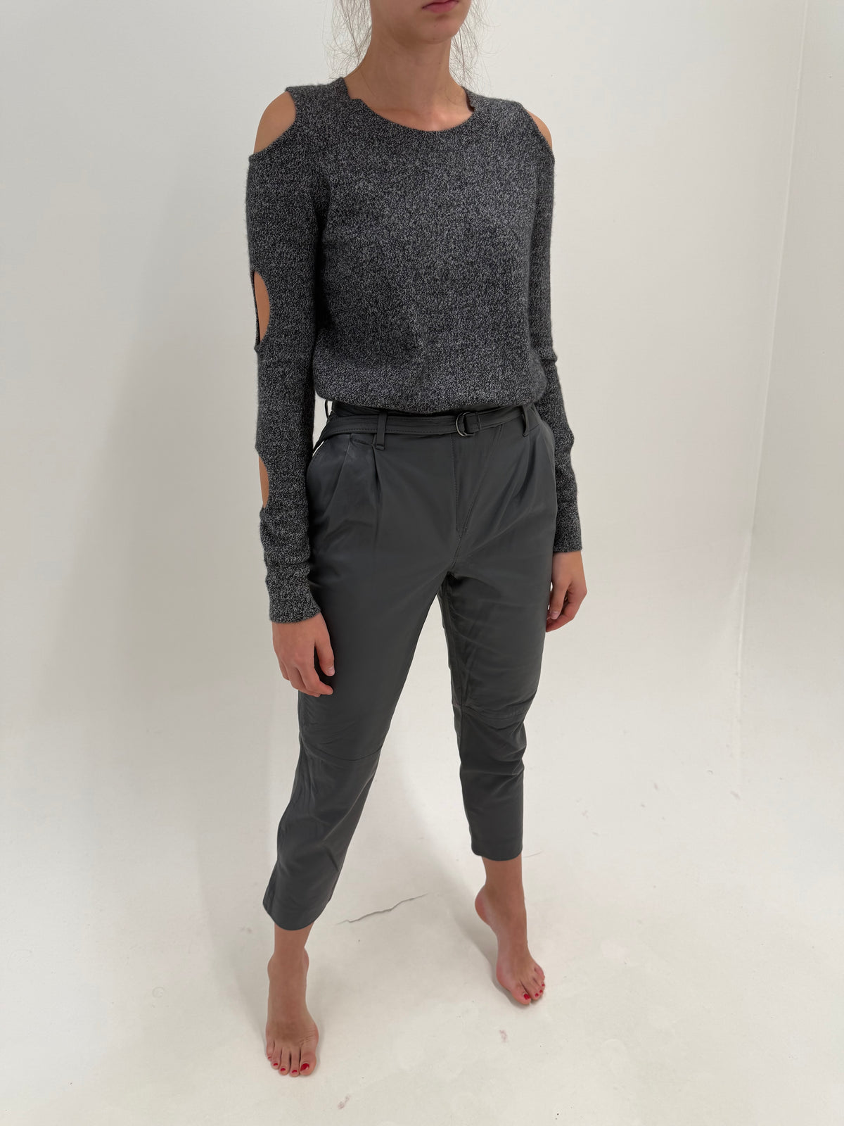 Pantaloni din piele naturală extra moale steel gray cu pense și talie ultra înaltă