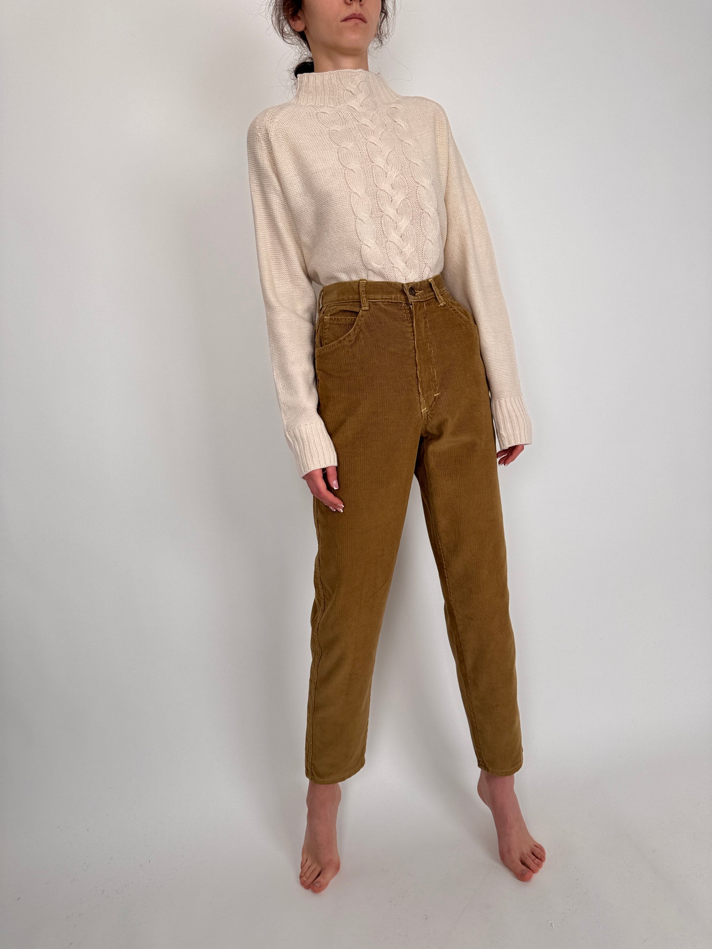 Pantaloni tall camel din catifea de bumbac cu talie ultra înaltă marcată