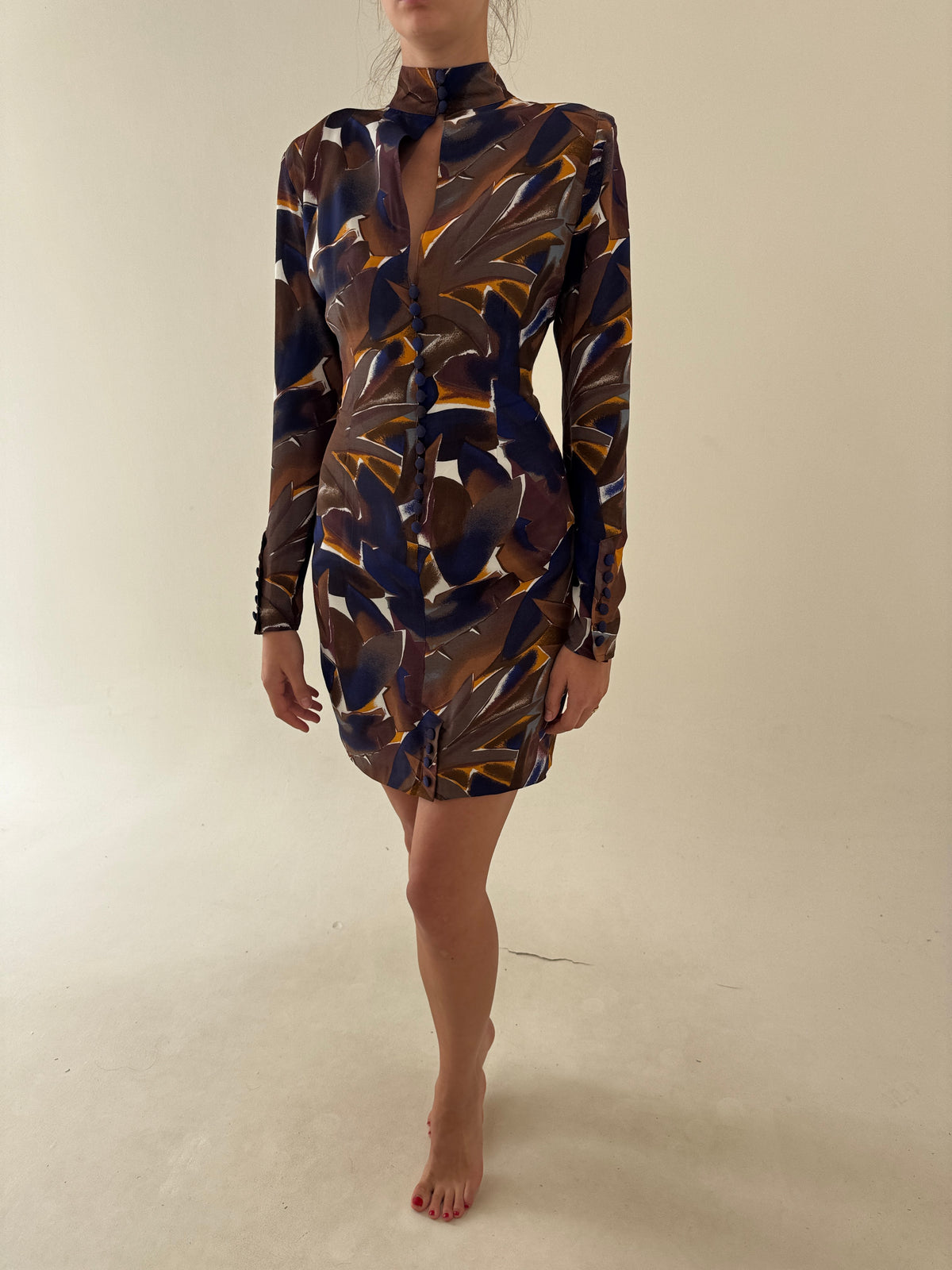 Rochie vintage de la zi la cocktail cu print spectaculos din mix plin de mătase naturală