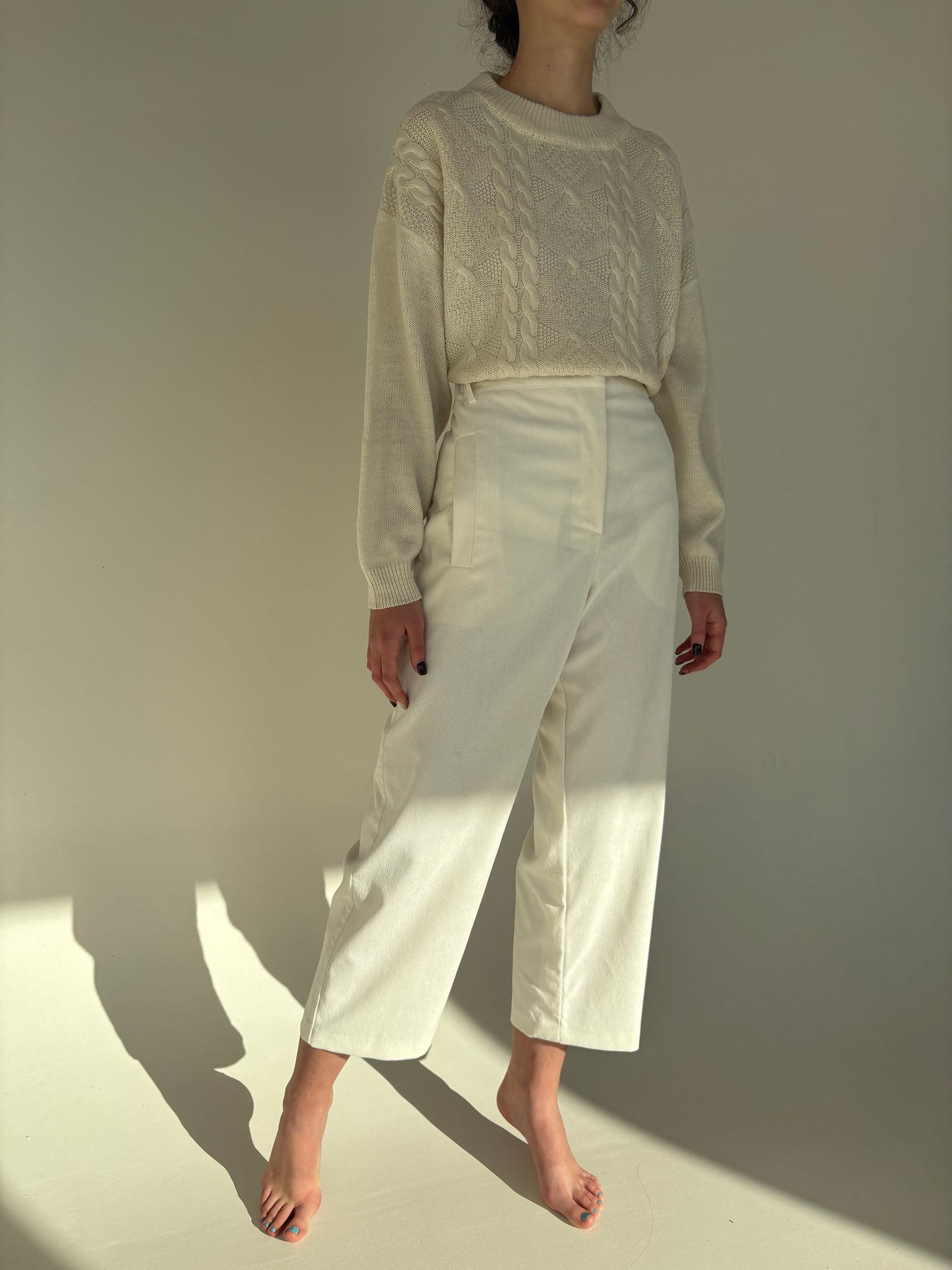 Pantaloni palazzo premium italieni ești butter white din corduroy modelator