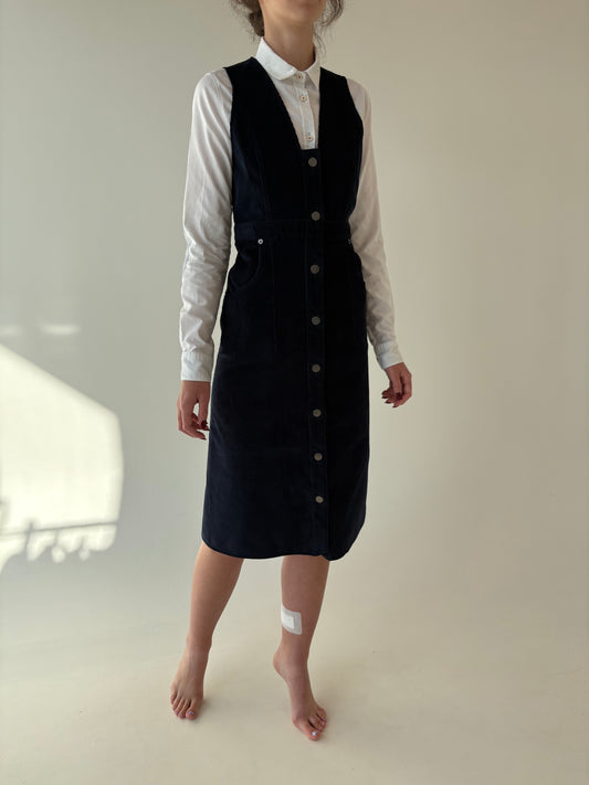 Rochie Navy cu talie ultra înaltă marcată din corduroy