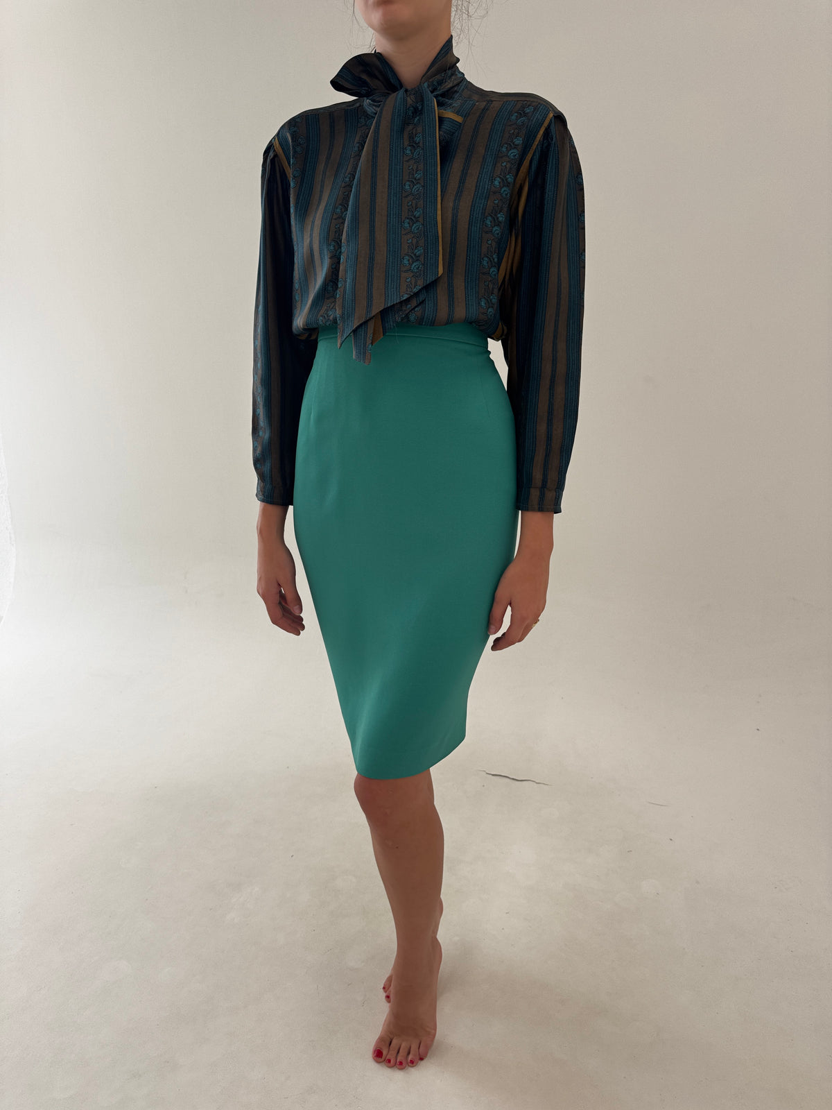Fustă Valentino creion emerald green din crep gros midi cu talie ultra înaltă