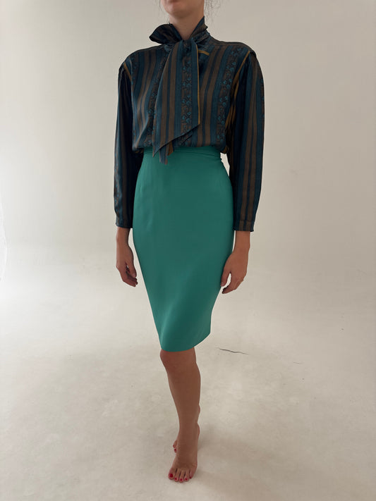 Fustă Valentino creion emerald green din crep gros midi cu talie ultra înaltă