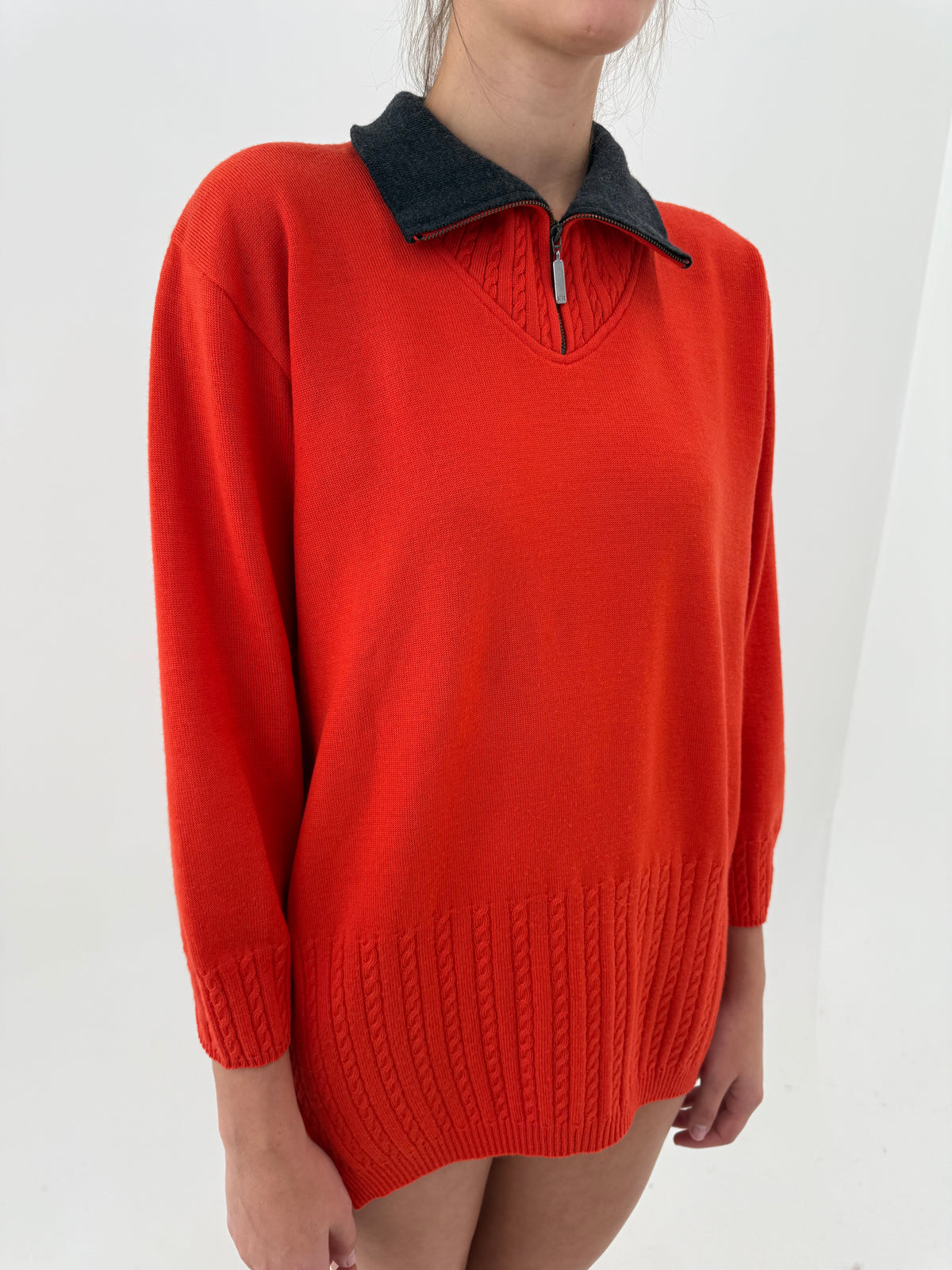 Maleta oranj quarter zip petite din lana extrafina pura virgină certificată