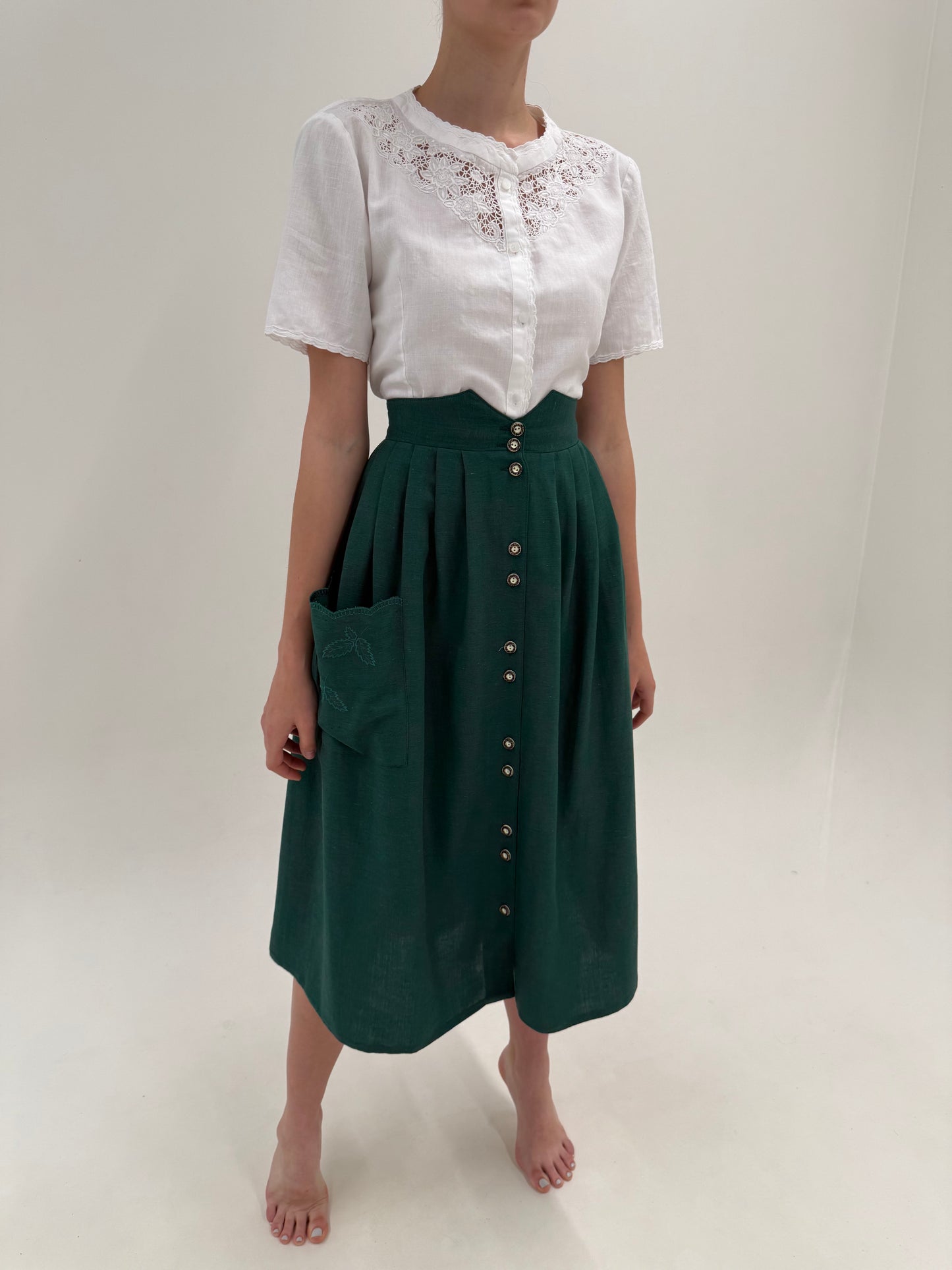 Fustă cu talie super marcată din pânză moale dark green midi lung