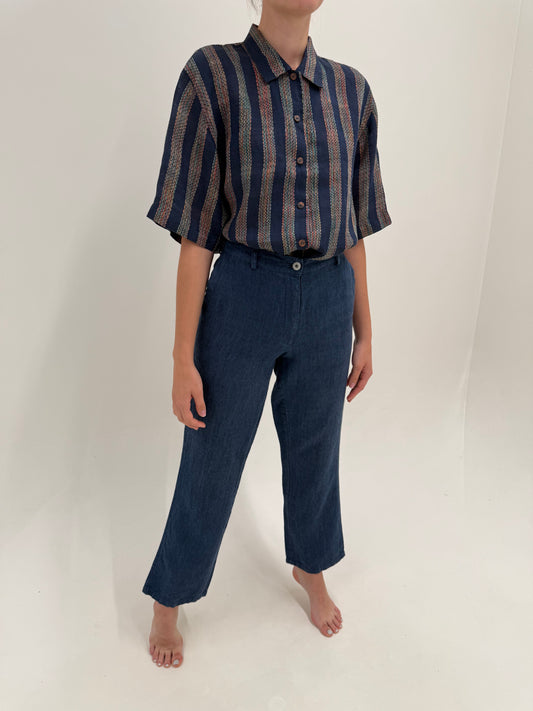 Pantaloni dark blue din pânză de in în croi clasic
