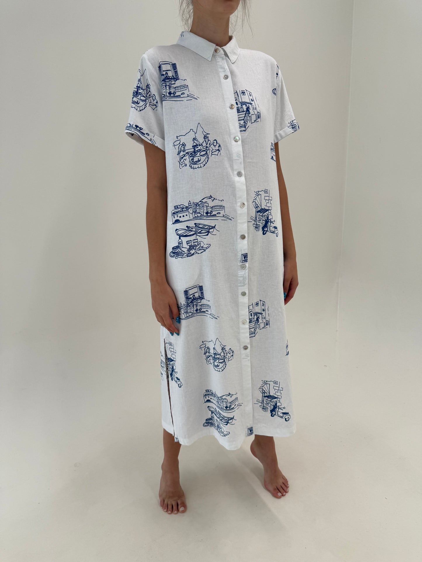 Rochie maxi din pânză cu print albastru cerneală și buzunare